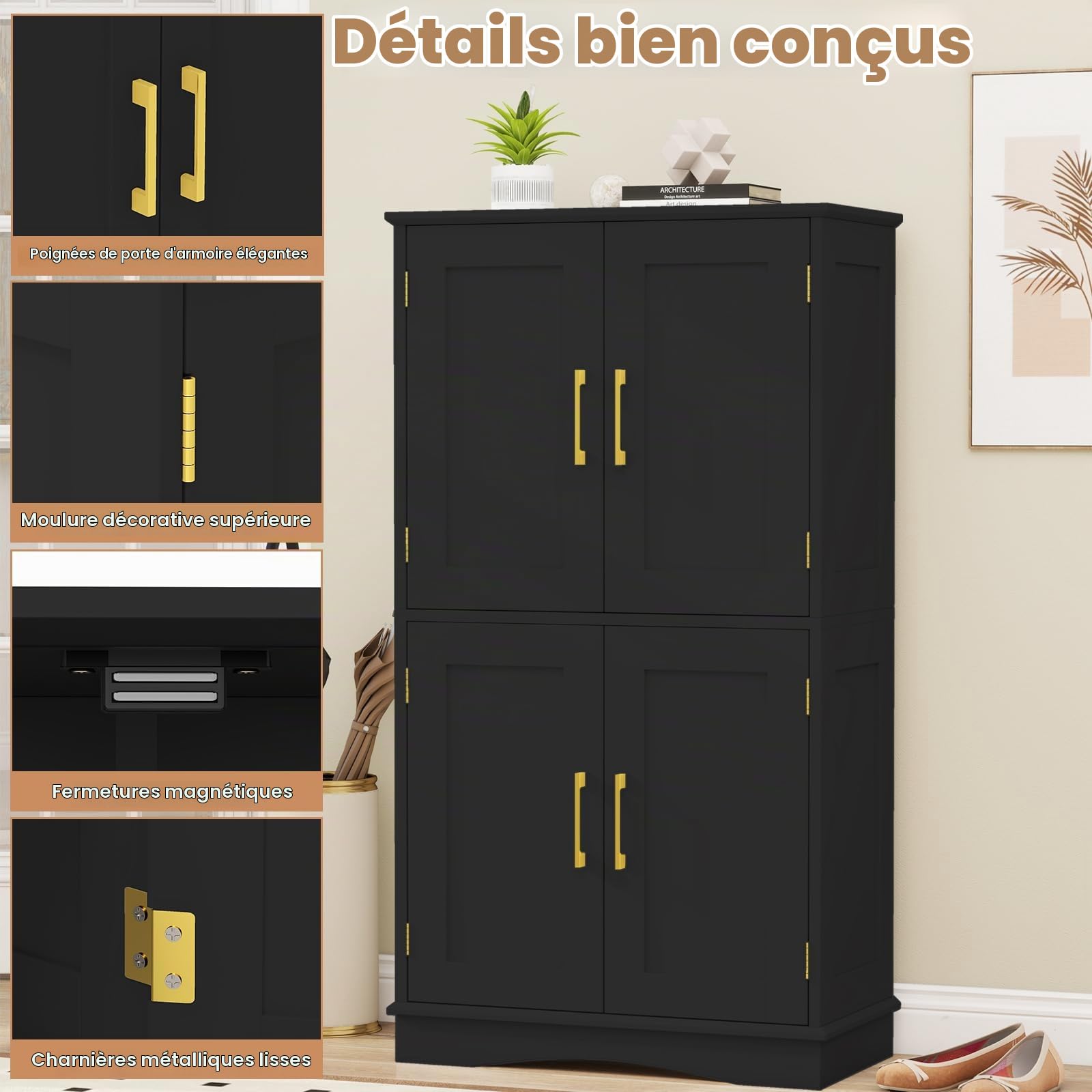 KOMFOTTEU Meuble Salle de Bain, 4 Portes & 2 Étagères Réglables, Noir