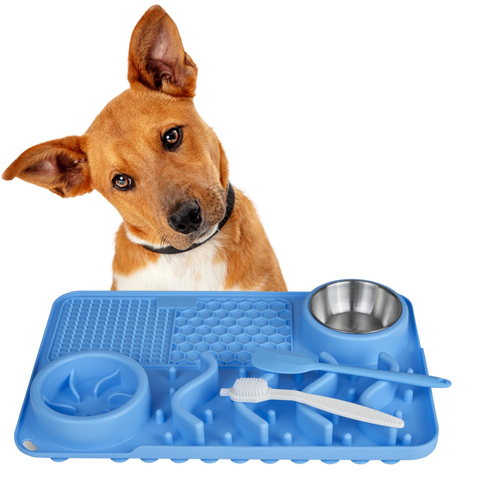 Comedero para Perros y Gatos+ Kit de Limpieza - Comedero Perro Antivoracidad -Antideslizante de Silicona - Comedero Laberinto para Perros y Gatos + Pala de Comida – Alfombrilla para Lamer -Azul