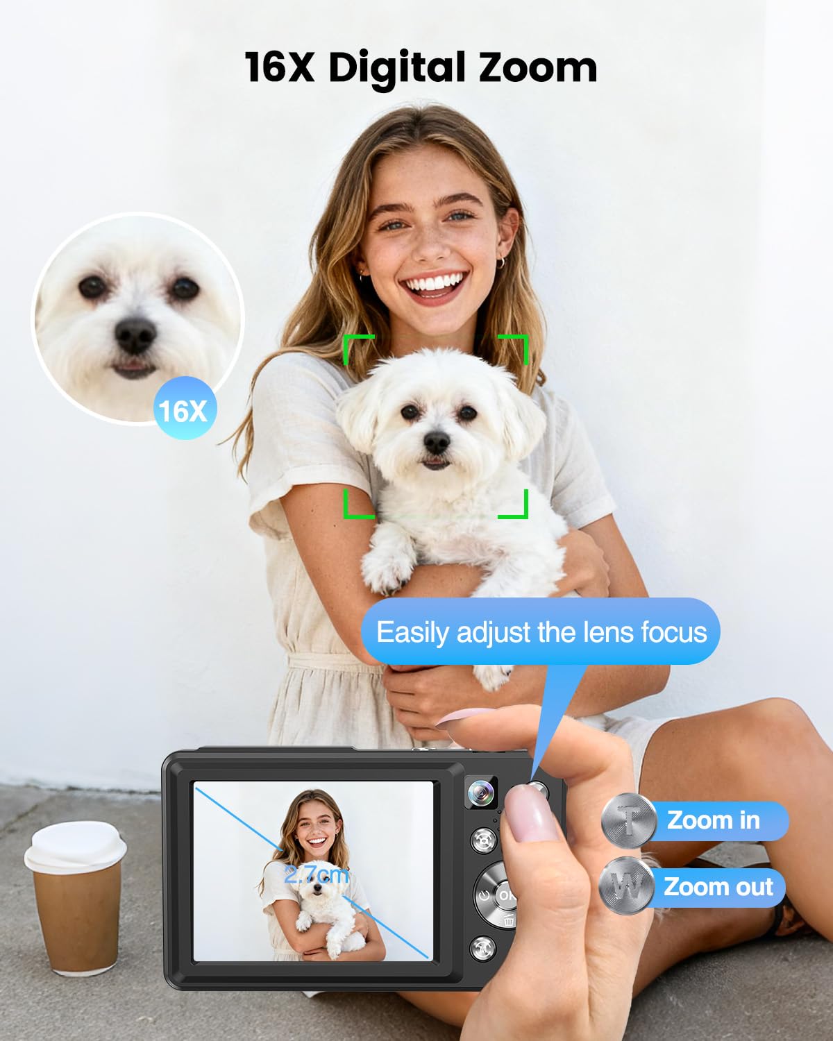Cámara Digital 4K de 64 MP, Enfoque automático, cámara de Fotos Dual con Tarjeta de 32 GB, Zoom Digital de 16X, cámara Digital compacta con 2 baterías para Principiantes y Adolescentes