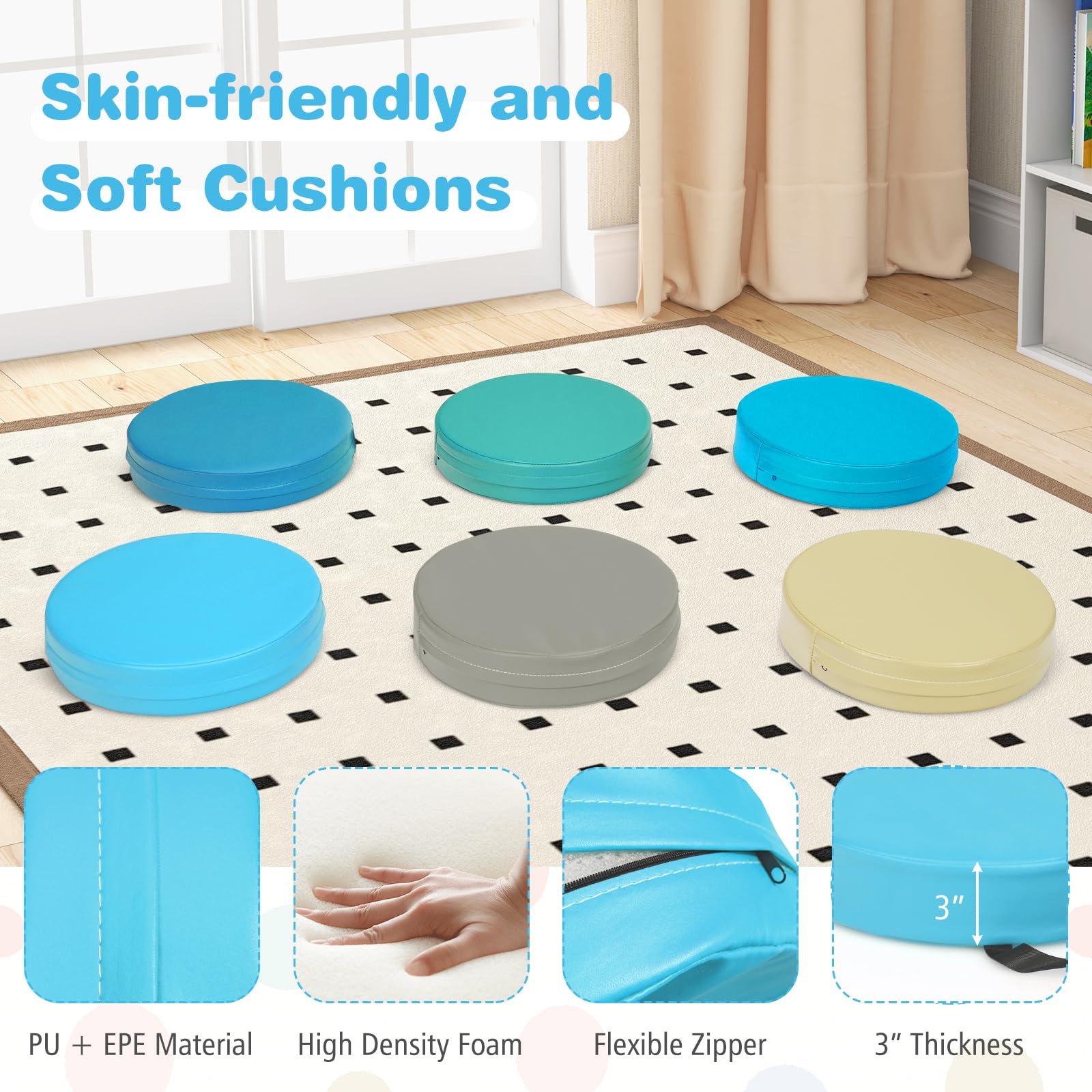 DORTALA 6 PCS Round Flexible Seating Floor Cushions, PU + EPE Portable Classroom Cushion w/Handles, Stackable Seating Cushions for Classroom, Daycare, Preschool (Blue)