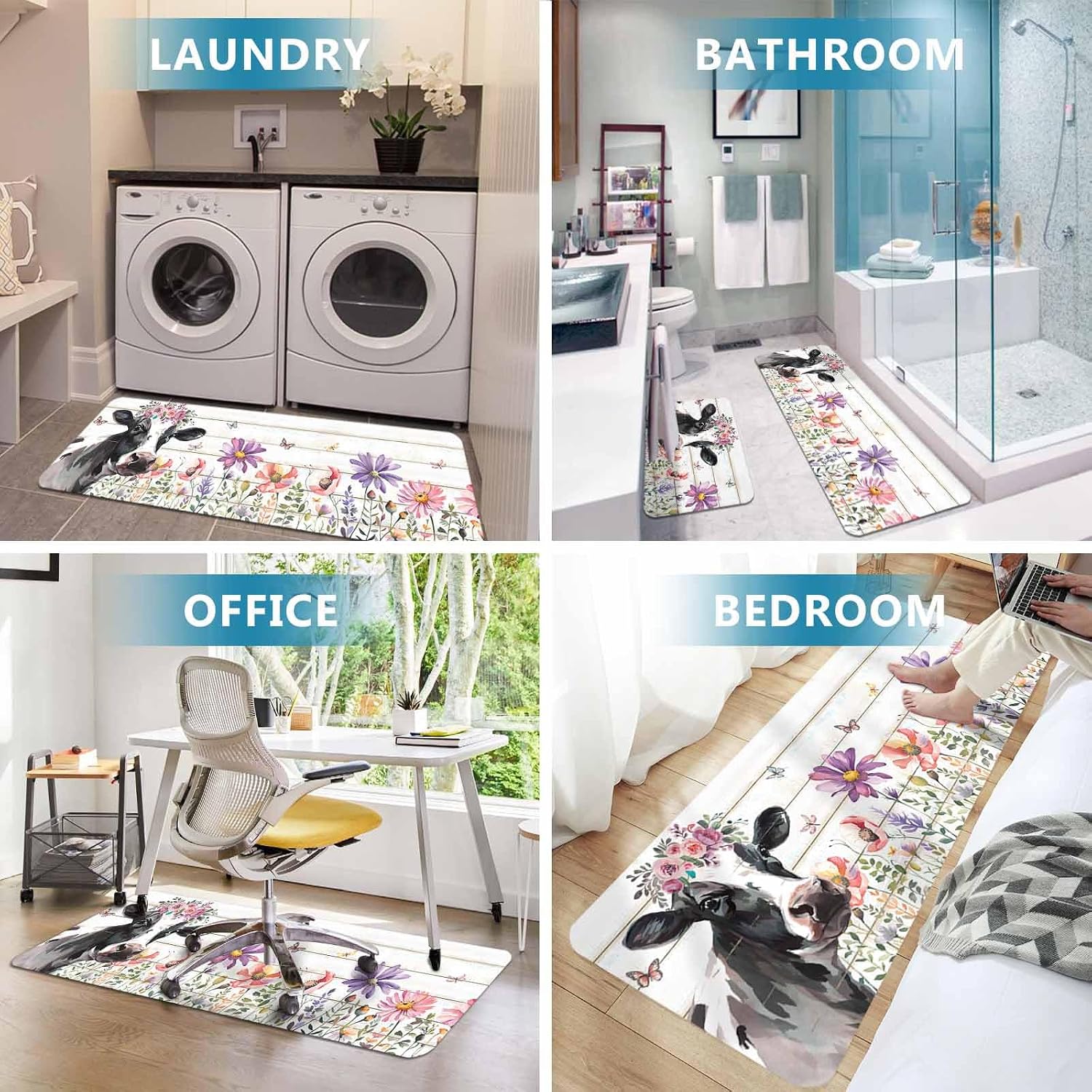 Prime Leader Farmhouse Cow Kitchen Mat Set 2 Pieces Farm Animal Rustic Pink Purple Floral Wooden Non Slip Kitchen Rugs Washable Runner Rug Mats for Sink Laundry (19.7" x 31.5"+19.7" x 47.2")