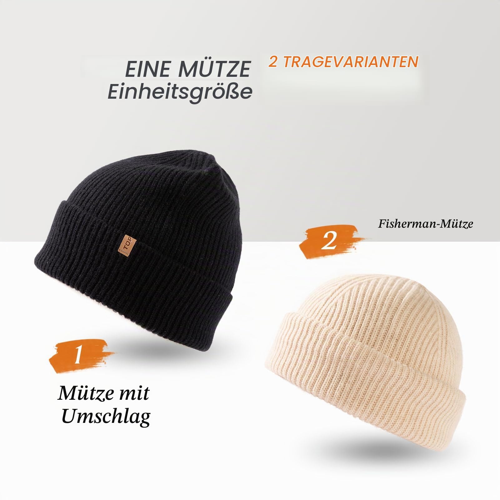 TOP-EX Übergroße Kaschmir Merinowoll Unisex Schädelmütze mit Umschlagrand gestrickte Wintermütze
