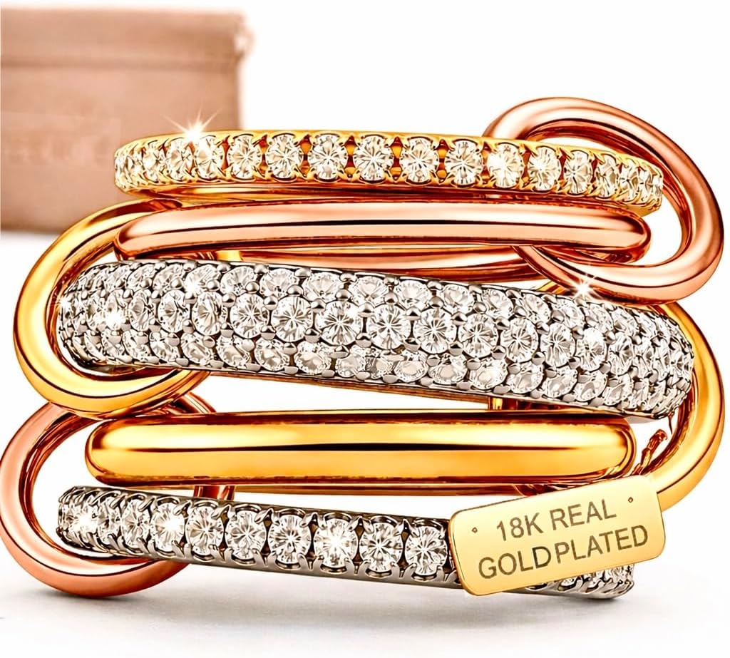 Spinelli 18K Gold Plated Stackable Rings for Women Non Tarnish, 5A Cubic Zirconia Interlocking Ring, Chunky Rings, Stacked Ring Set, CZ Gold and Silver Rings, Mixed Metal Ring Stack, Connected