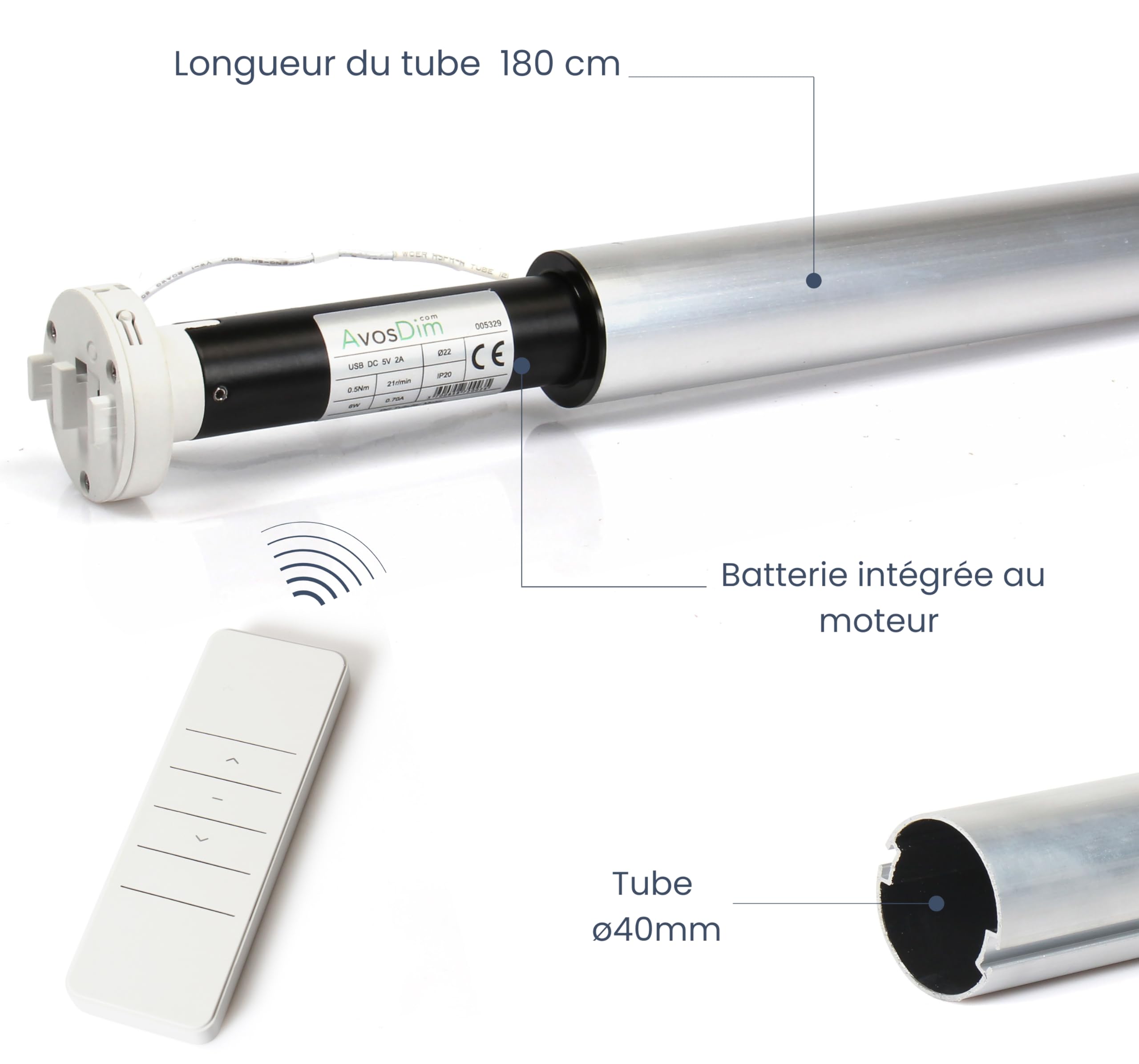 Store Enrouleur Kit Motorisation sans Fil Avosdim - Moteur à Batterie Rechargeable + Télécommande - Installation Facile (Tube ø40mm, LG Tube 180cm)