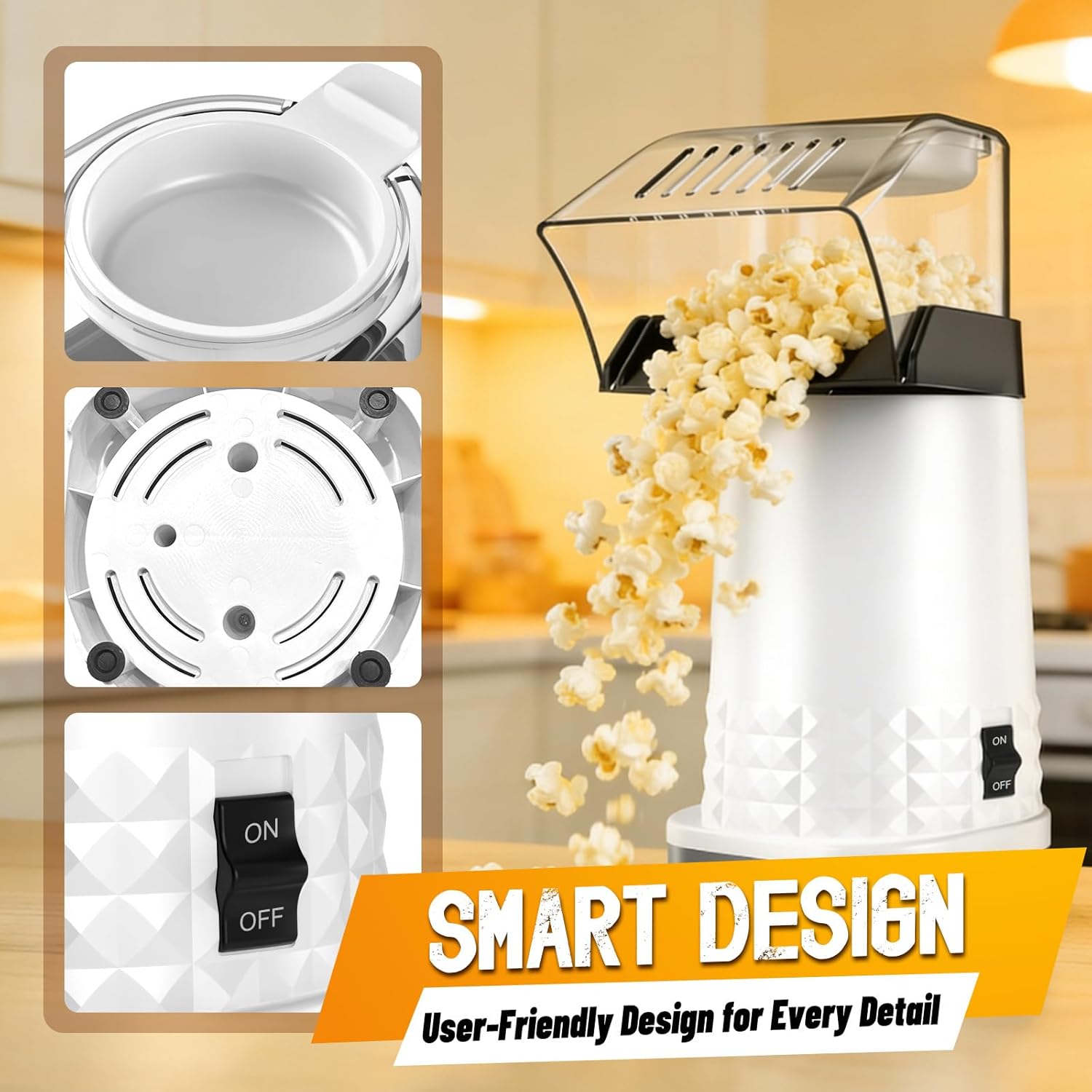 1200W Quick Popcorn Popper, ETL Certified Oil-Free Healthy Air Popper, 4.5-Quart Popcorn Maker for Movie Nights & Parties, White