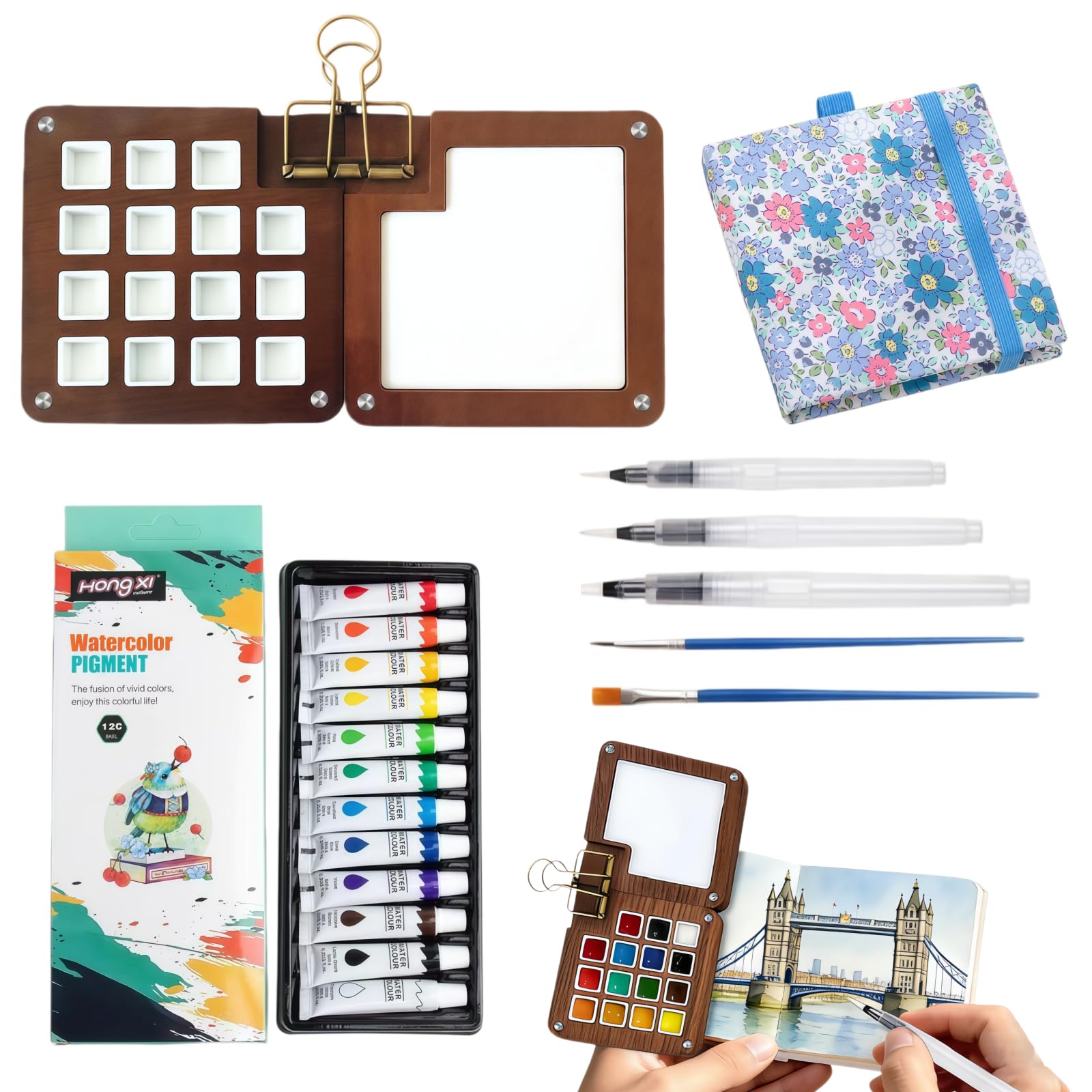 ZKDQB Mini Watercolour Kit, 15 Grids Travel Mini Watercolour Set, 12 Color MiniWatercolour Paint Set Travel, Painting Set with Colors, Bind Clips, Brush, Sketchbook for Painters Beginners