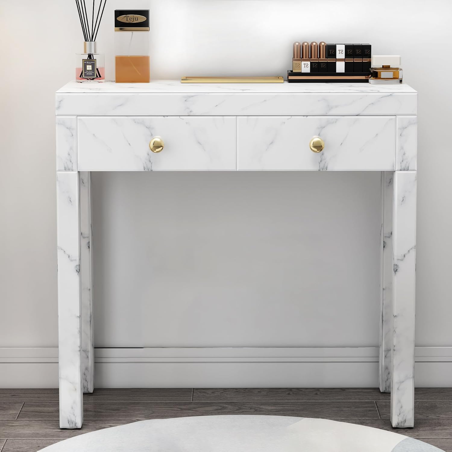 intahic Vanity Desk Without Mirror, Glass White Marble