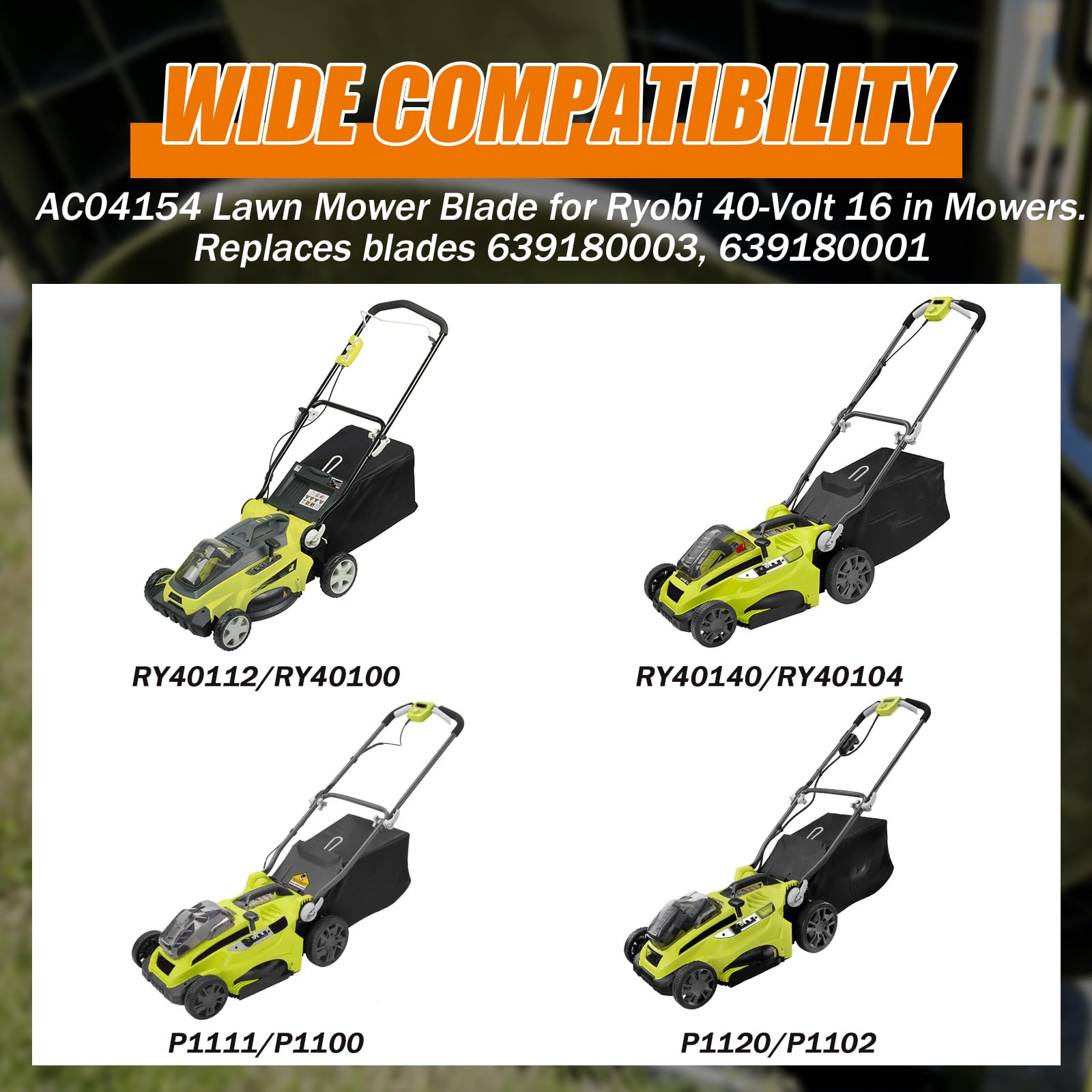 AC04154 - Cuchilla de repuesto para cortacésped Ryobi de 40 voltios y 16 pulgadas, compatible con RY40112A, RY40100A, RY40140, RY40104A, P1111, P1100A, P1120 y P1102A, repuesto para 639154 80003