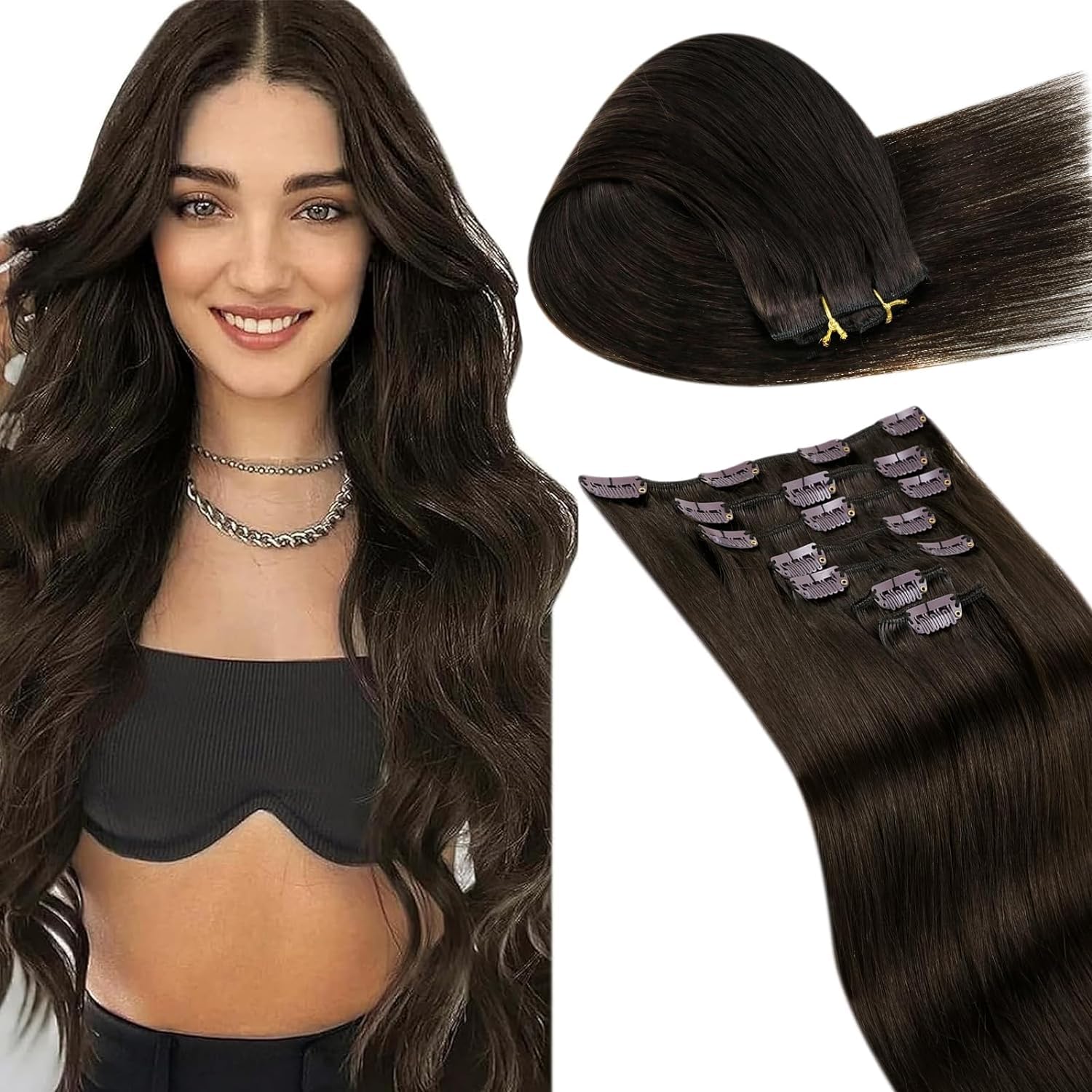 LaaVoo Clip in Hair Extensions Real Human Hair Dark Brown Hair Extensions Clip in 24 Inch 140g 7pcs Full Head Remy Straight Darkest Brown Hair Double Weft #2