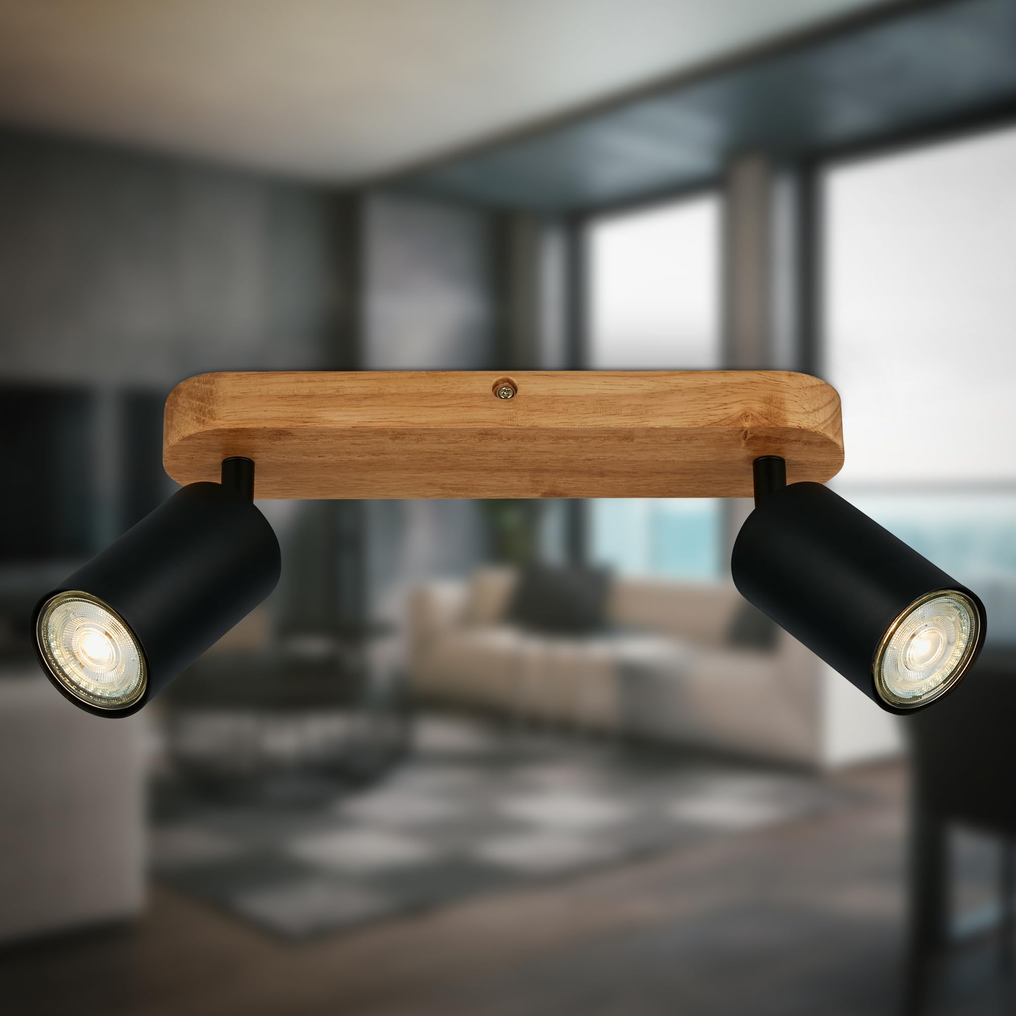 B.K.Licht - Lámpara vintage 2 luces, Base de Madera, Metal Negro, GU10 máx 2x9W, Ø90mm, Largo máx 150mm, Sin Bombillas, IP20, Iluminación Rústica