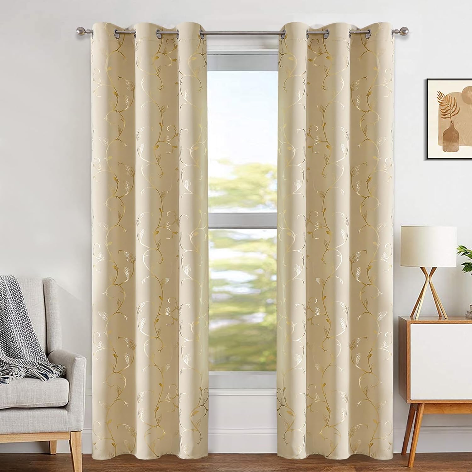 BUHUA Blackout Curtains Gold Foil Print Flower Vine Grommet Drapes, Room Darkening Thermal Insulated Curtains, Noise Reducing Blackout Curtain for Bedroom, Beige, 38Wx72L, 2 Panels