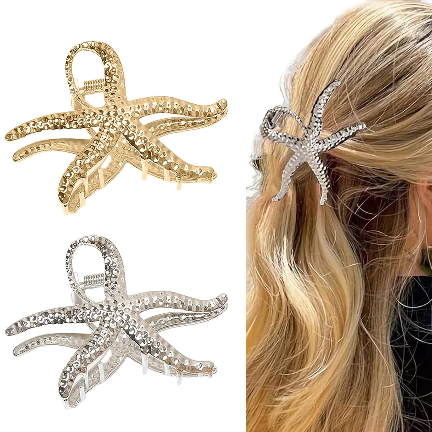 Starfish Shark Hair Clip for Women, 2 Pcs Gold & Silver Claw Clip Fun Hair Clips, Summer Hair Clipis Ocean Hair Accessories, Non Slip Fashion Hair Styling Hair Claw Starfish Shark Hair Clip for Women, 2 Pcs Gold & Silver Claw Clip Fun Hair Clips, Summer Hair Clipis Ocean Hair Accessories, Non Slip Fashion Hair Styling Hair Claw