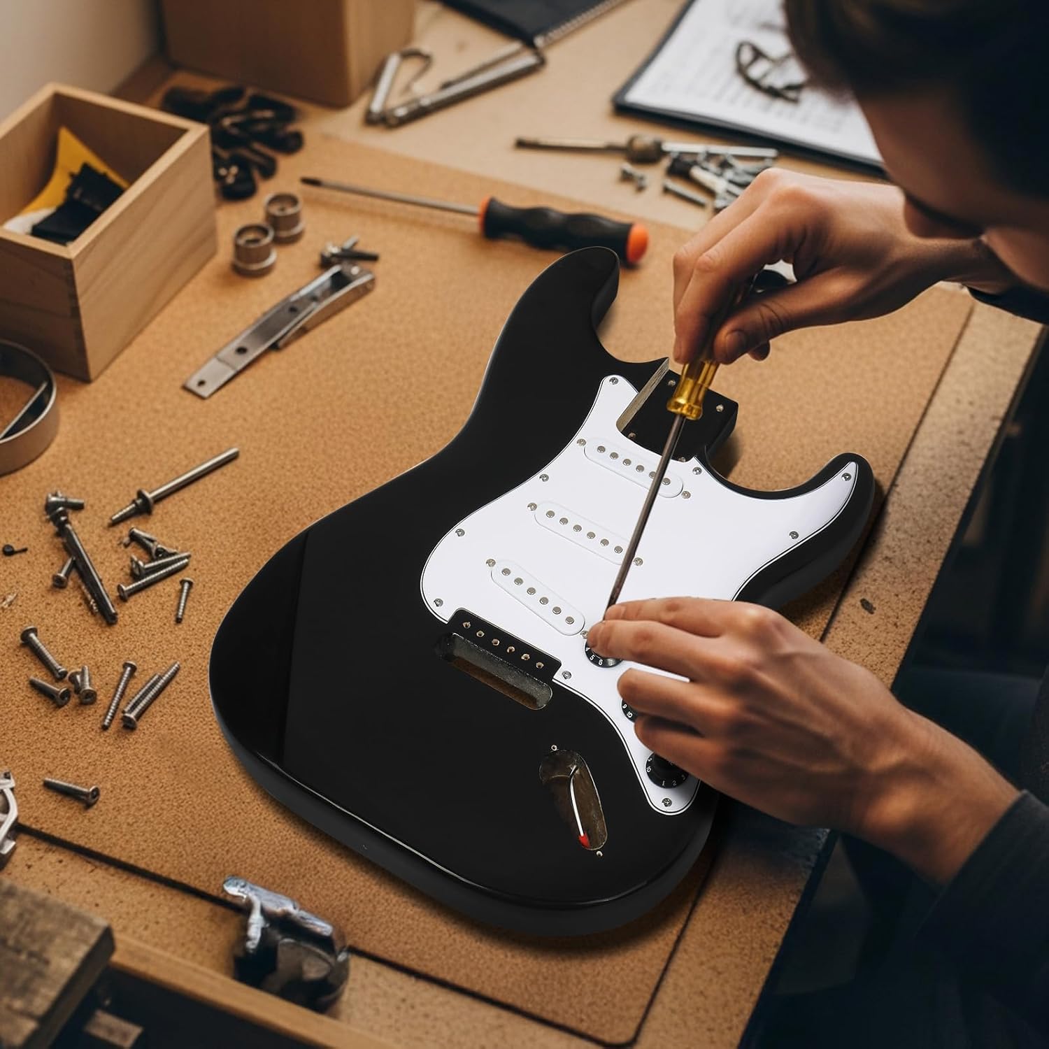 Ktaxon DIY Guitar Kit with Solid Body, Tech Fingerboard and Maple Neck, 6 String DIY Electric Guitar Kit with Classic Design, Easy Installation & Full Equipment to Build Your Own Guitar (KST-Black)