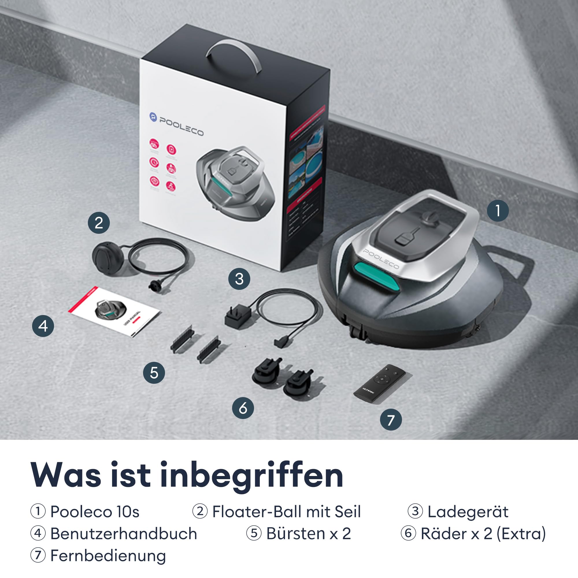 Ultenic Pooleco 10s Poolroboter, Poolroboter Akku mit 3 Motoren, 90Min, 80㎡, Fernbedienung und App-Steuerung, Automatisches Parken, Geeignet für alle Arten von Schwimmbadoberflächen