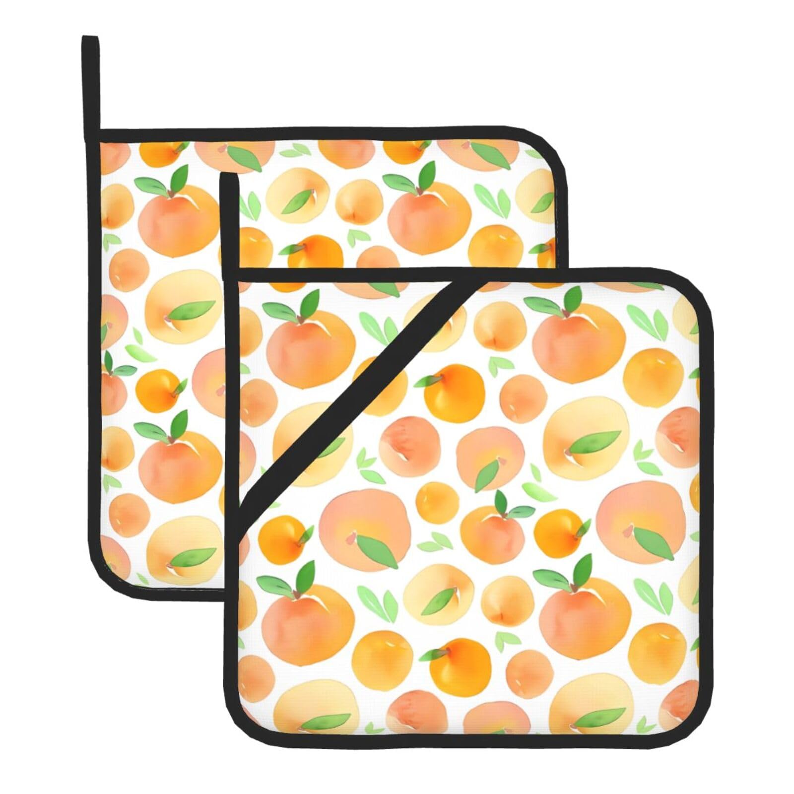 WHJSHOP Peach Prints Square Pot Holders - Waterproof Heat Resistant Kitchen Throw Pads for Hot Bowls & Dishes, Durable Oven Mitt Layers with Hanging Loop - Set of 2