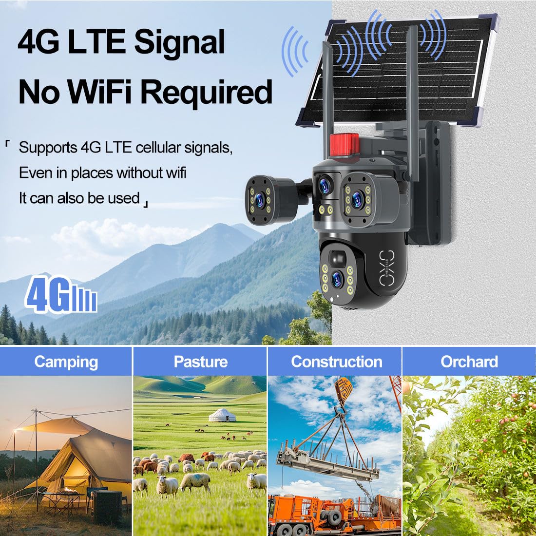OneXsale 4G Solar Security Camera for Home Outdoor | 5MP Triple Lens 3-Way Split Screen, IP66 Waterproof, 2-Way Audio, Solar Powered, SIM Card Support | No WiFi Needed, SIM Not Included 1