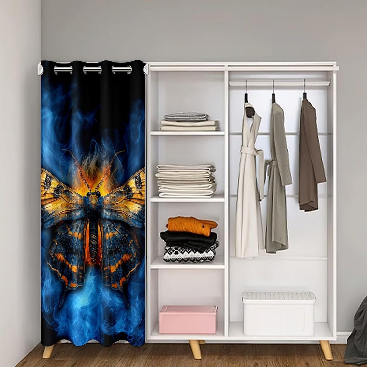 Erosebridal Butterfly Door Curtain For Doorway Privacy 59"W x 80"L, Halloween Insects Gothic Reversible Door Drape, Fire Smoky Printed Kids Blackout Curtain, Blue Orange Animals Room Divider Curtain