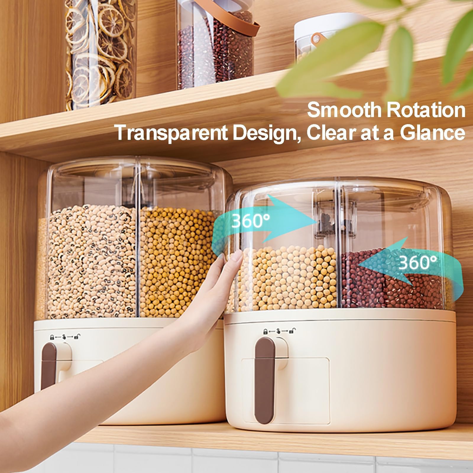Dispensador de cereales de 6 rejillas, recipiente giratorio hermético para almacenamiento de alimentos para granos pequeños, frijoles, arroz, almacenamiento de alimentos secos de 7.2 L con tapas