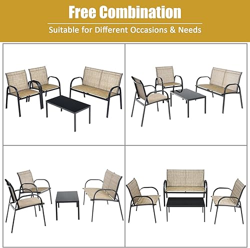 Miniatura 8 de Tangkula Juego de muebles de patio de 4 piezas, marco de metal resistente, incluye mesa auxiliar con parte superior de cristal, 2 sillas con