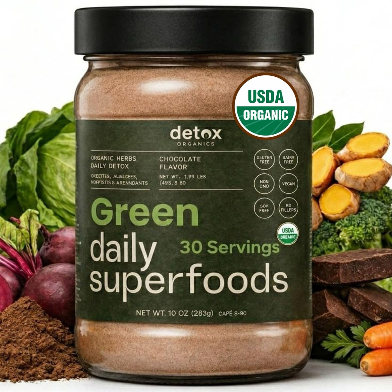 Detox Organics Chocolate Super Greens Powder, 30 Servings