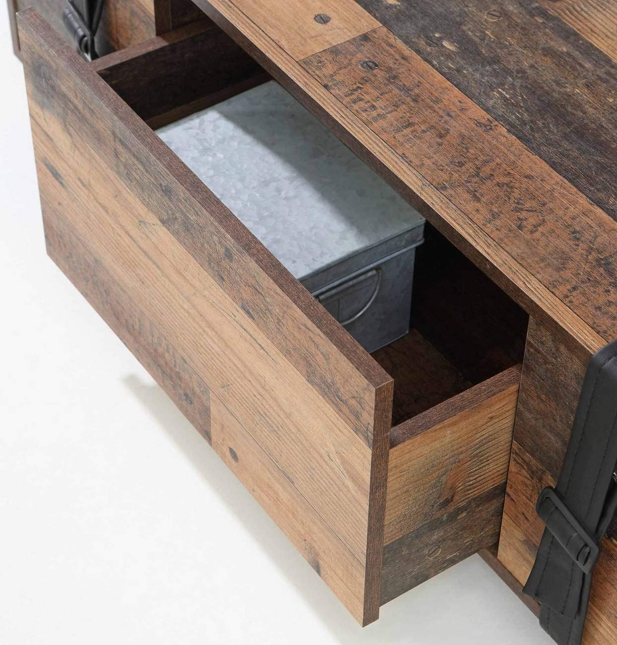 Forte FOBYA Couchtisch 110, Tisch auf Rollen mit 1 Schublade, Wohnzimmertisch, Sofatisch rustikal, Beistelltisch, Holzwerkstoff, Old-Wood Vintage Holzdekor, 110 cm breit x 35,6 cm hoch x 60,2 cm tief
