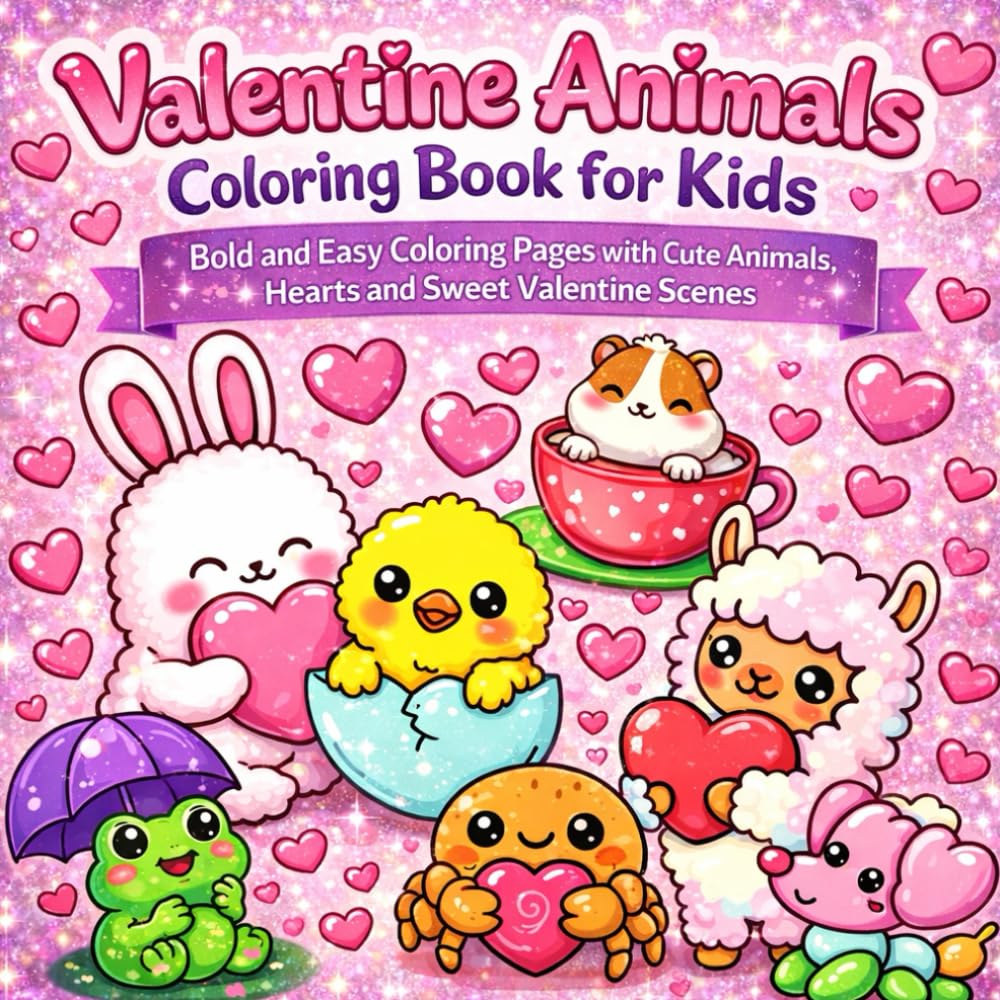 Valentine Animals Coloring Book for Kids: Bold and Easy Coloring Pages with Cute Animals, Hearts, and Sweet Valentine Scenes