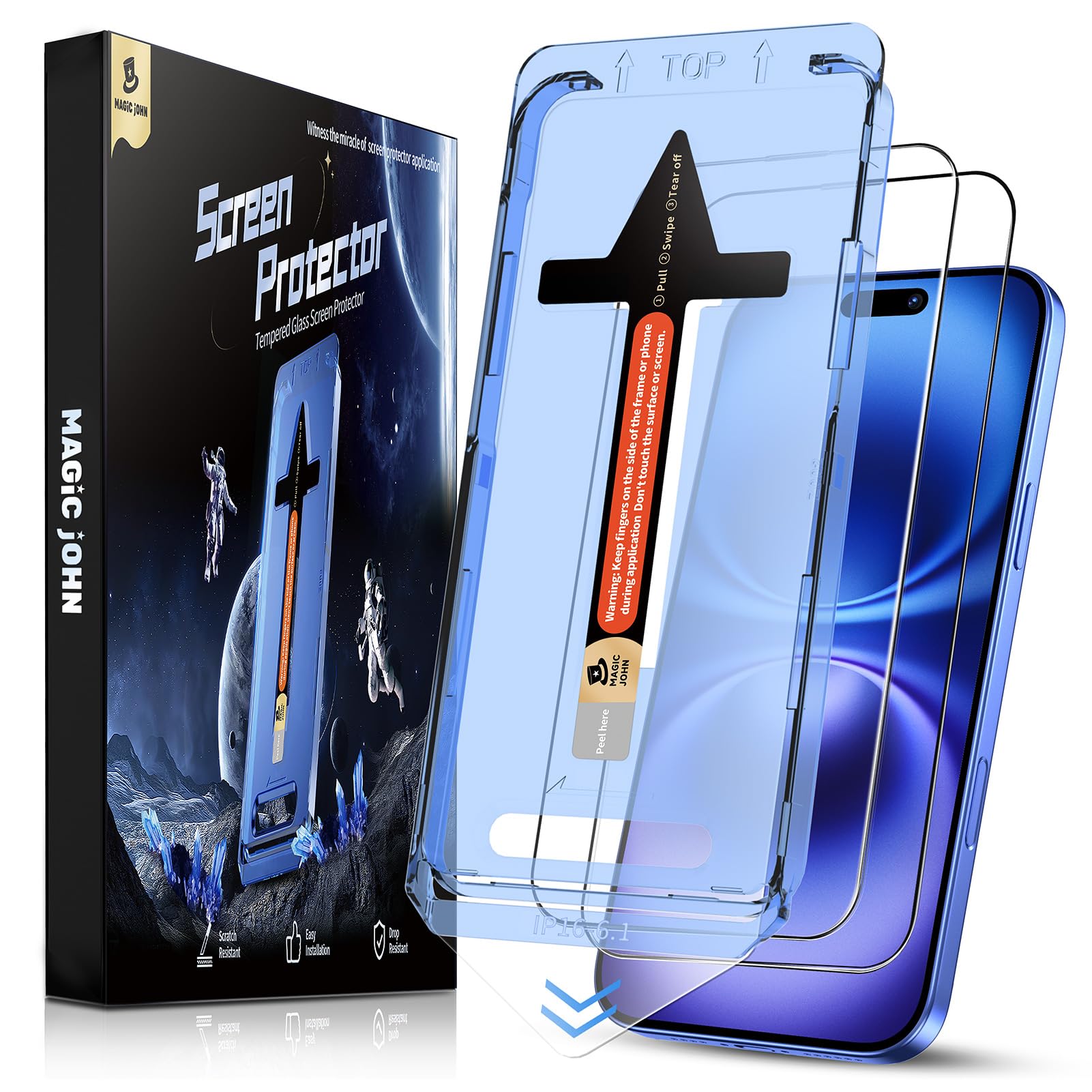 MAGIC JOHN 2 Pack for iPhone 16 Tempered Glass Screen Protector 6.1 inch, Auto Dust-Elimination Installation, Bubble Free