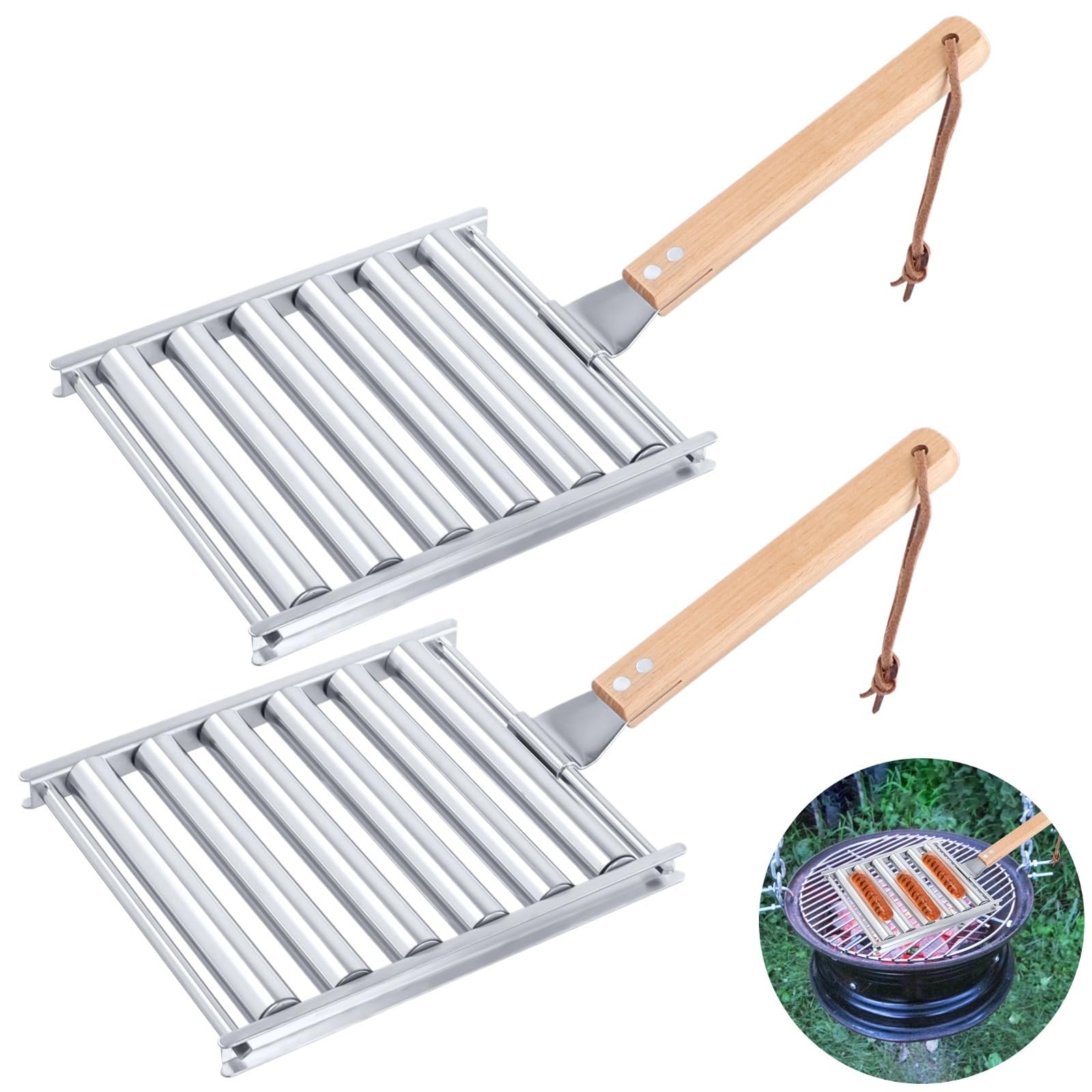 Edelstahl-Hot-Dog-Roller für Grill, Wurstwalze mit Holzgriff, Grillwerkzeug für das Kochen im Freien, 16,5 x 14,9 cm, 2 Stück