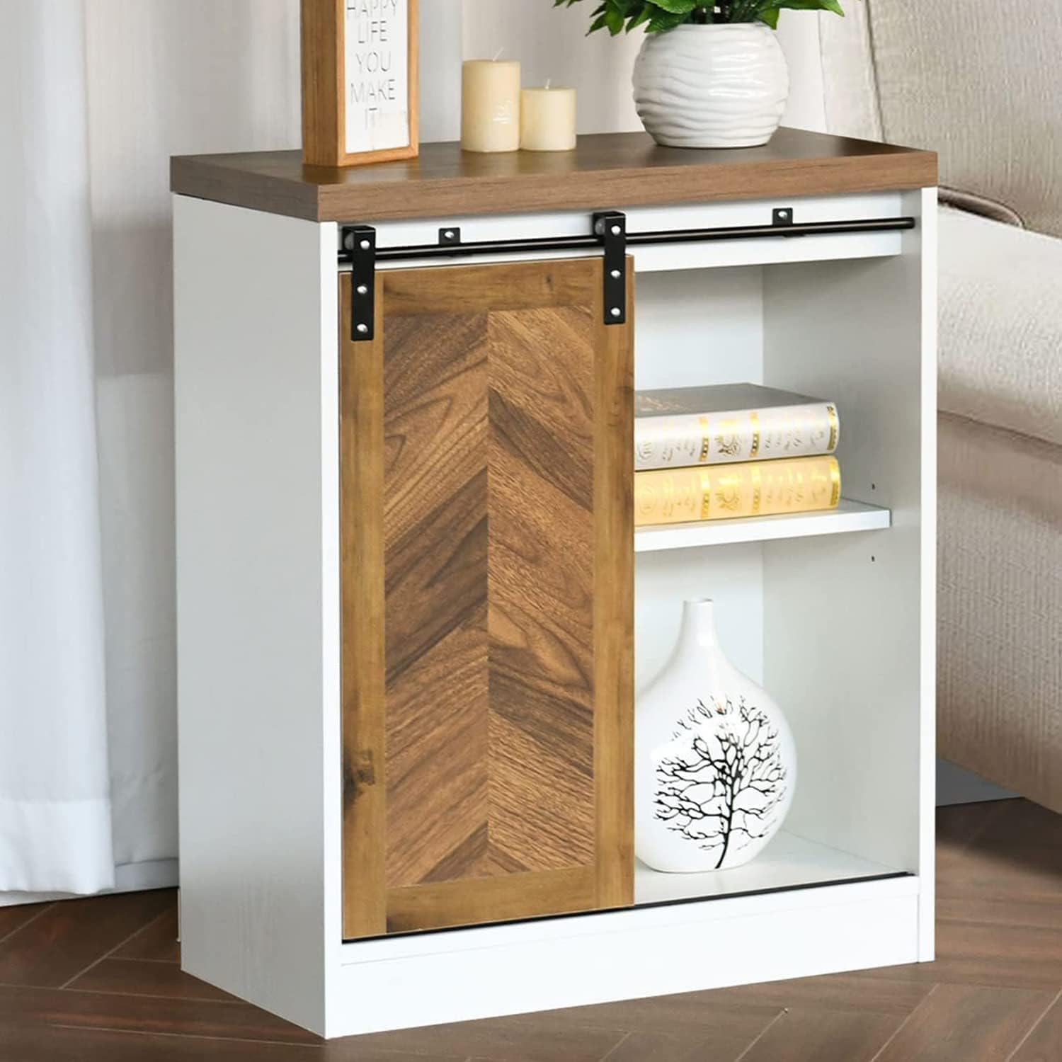 Farmhouse Storage End Table, Tall White End Side Table with