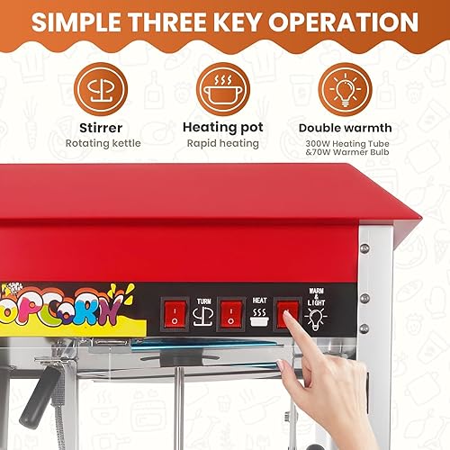 Miniatura 9 de Professional Popcorn Maker Machine, 10 Oz Kettle & 1300W for 60 Cups, Authentic Theater Style Popper with Premium Stainless Steel and Safety Glass,