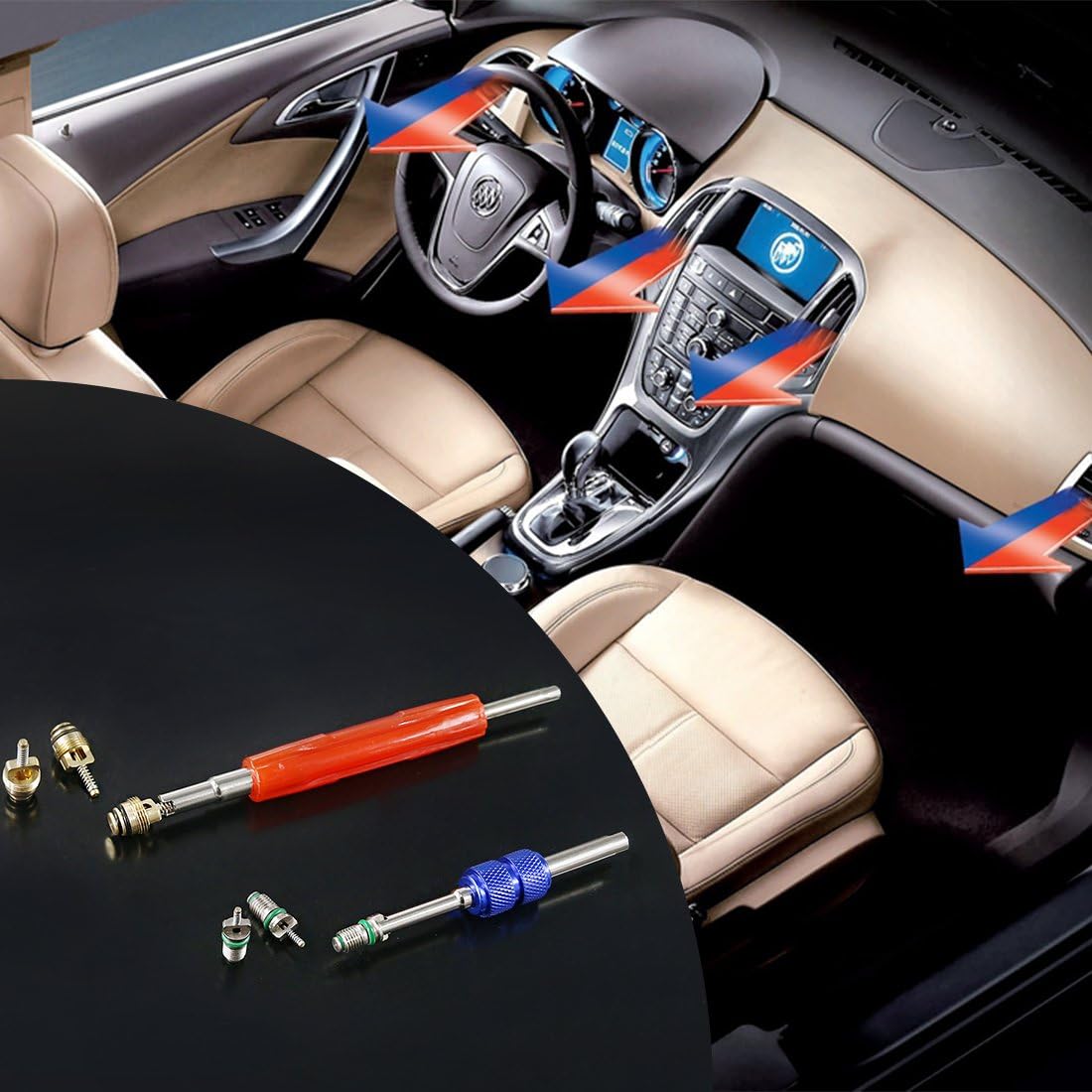 GLARKS 102Pcs Car Air Conditioner Valve Core Schrader Valve Cores Accessories A/C R12 R134a Refrigeration Tire Valve Stem with Double Head Dual Dismantling Remover Installer Tool Assortment Kit