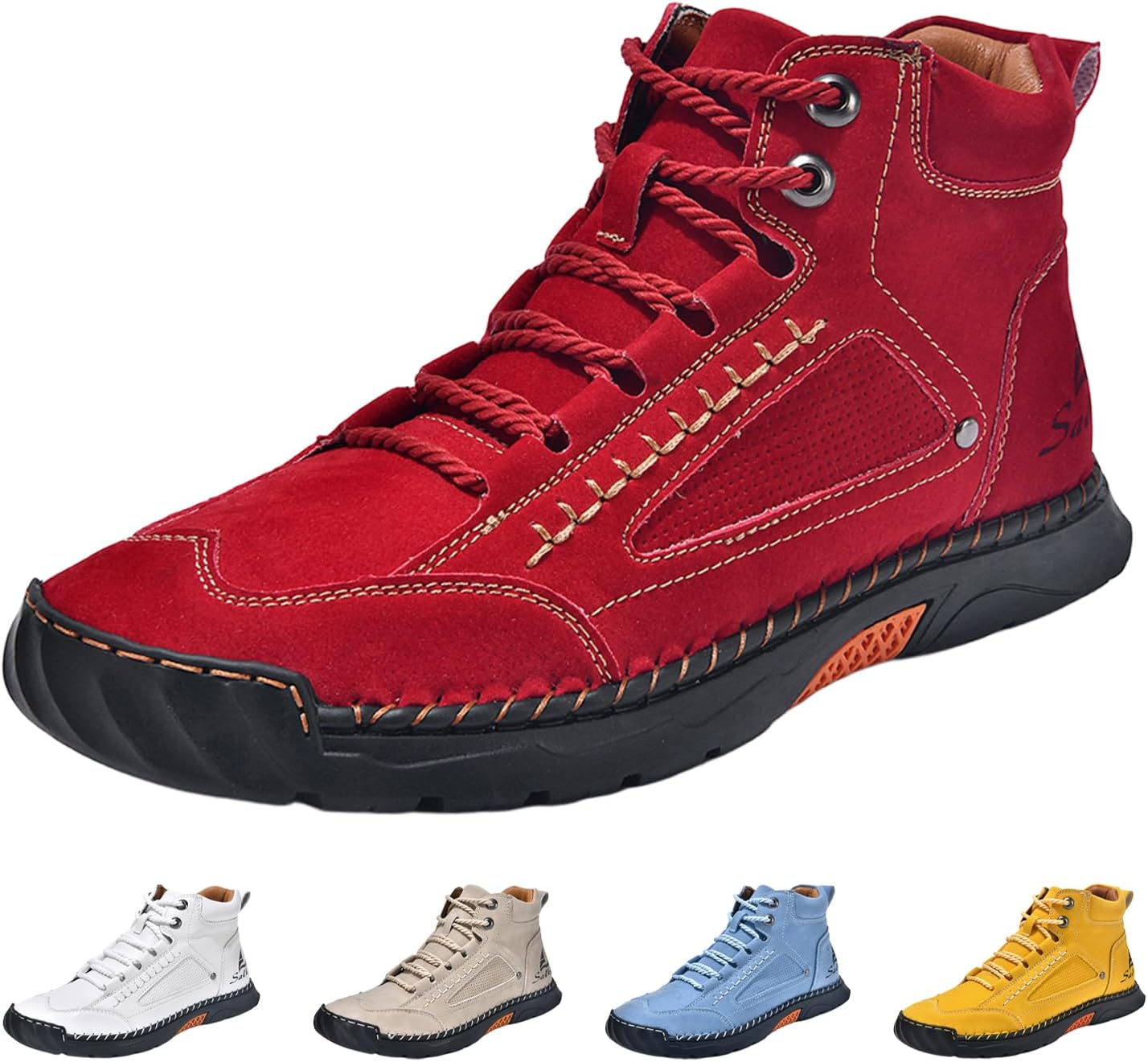 Women's Mid Top Hiking Sneakers,Trendy Comfort Hand-Stitched Leather Lace-Up Non-Slip Outdoor Travel Ankle-Support Boots