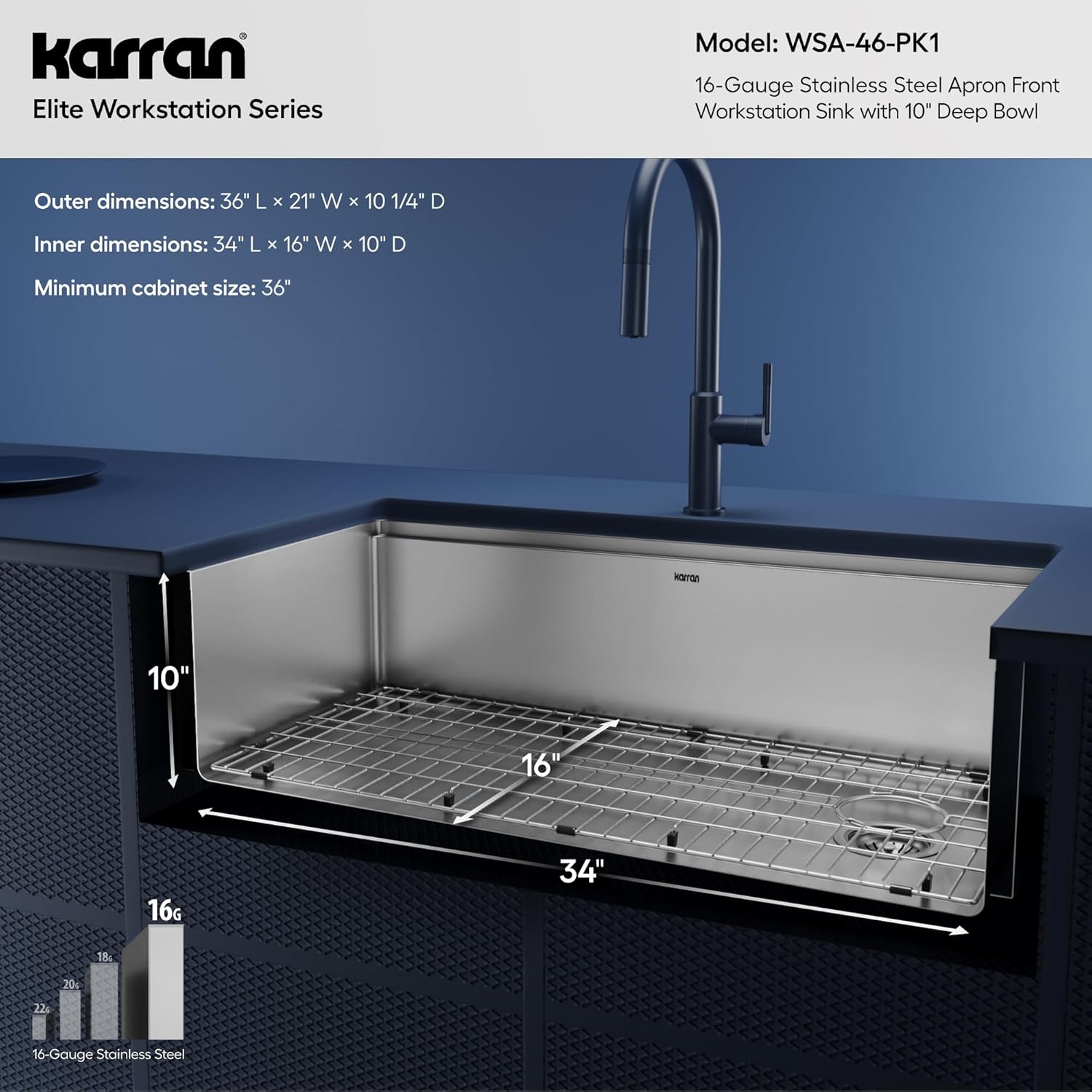 Karran Elite 36-Inch Single Bowl Apron Front Farmhouse Workstation Sink, 16 Gauge Stainless Steel, Smart Ledge System, Satin Finish, Accessories Included
