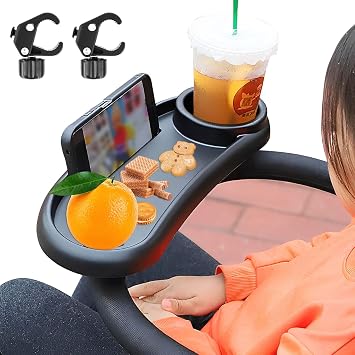 صينية وجبات خفيفة لعربة الأطفال مع حامل أكواب صينية طعام عالمية لعربة الأطفال قابلة للإزالة، مشبك قبضة غير قابل للانزلاق لعربة الأطفال، حامل وجبات خفيفة لعربة الأطفال قابل لإعادة الاستخدام لعربات الأطفال مع مساند أذرع مستديرة