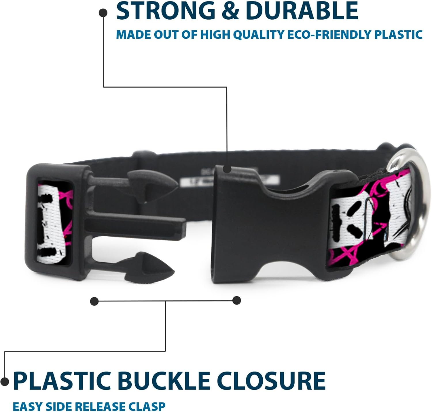 Buckle-Down 13-18" I Heart Punk Rock with Safety Pins Black/Fuchsia/White Plastic Clip Collar, Wide Small