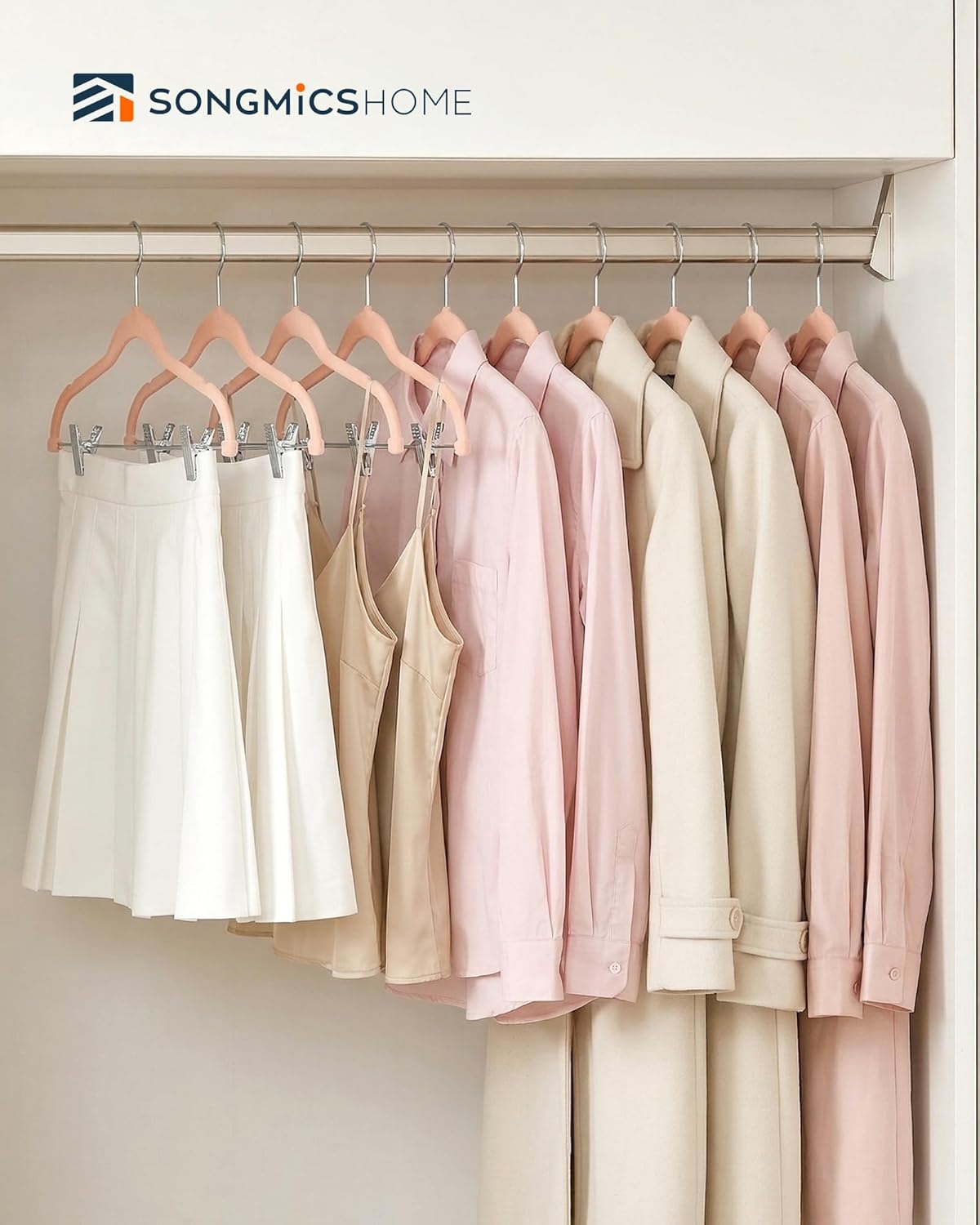 SONGMICS HOME Velvet Pants Hangers with Adjustable Clips, Non-Slip Space-Saving Clothes Hangers, 30 Pack, Shoulder Notches for Skirts, Pink