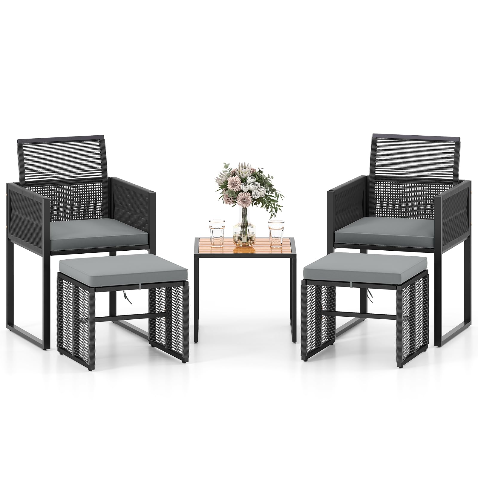 GIANTEX Set di Mobili da Giardino in Rattan per 2-4 Persone, Tavolo da Giardino con Piano in Legno e 2 Sedie (Capacità 180 kg), 2 Sgabelli, 4 Cuscini Rimuovibili, Arredamento da Giardino per Patio