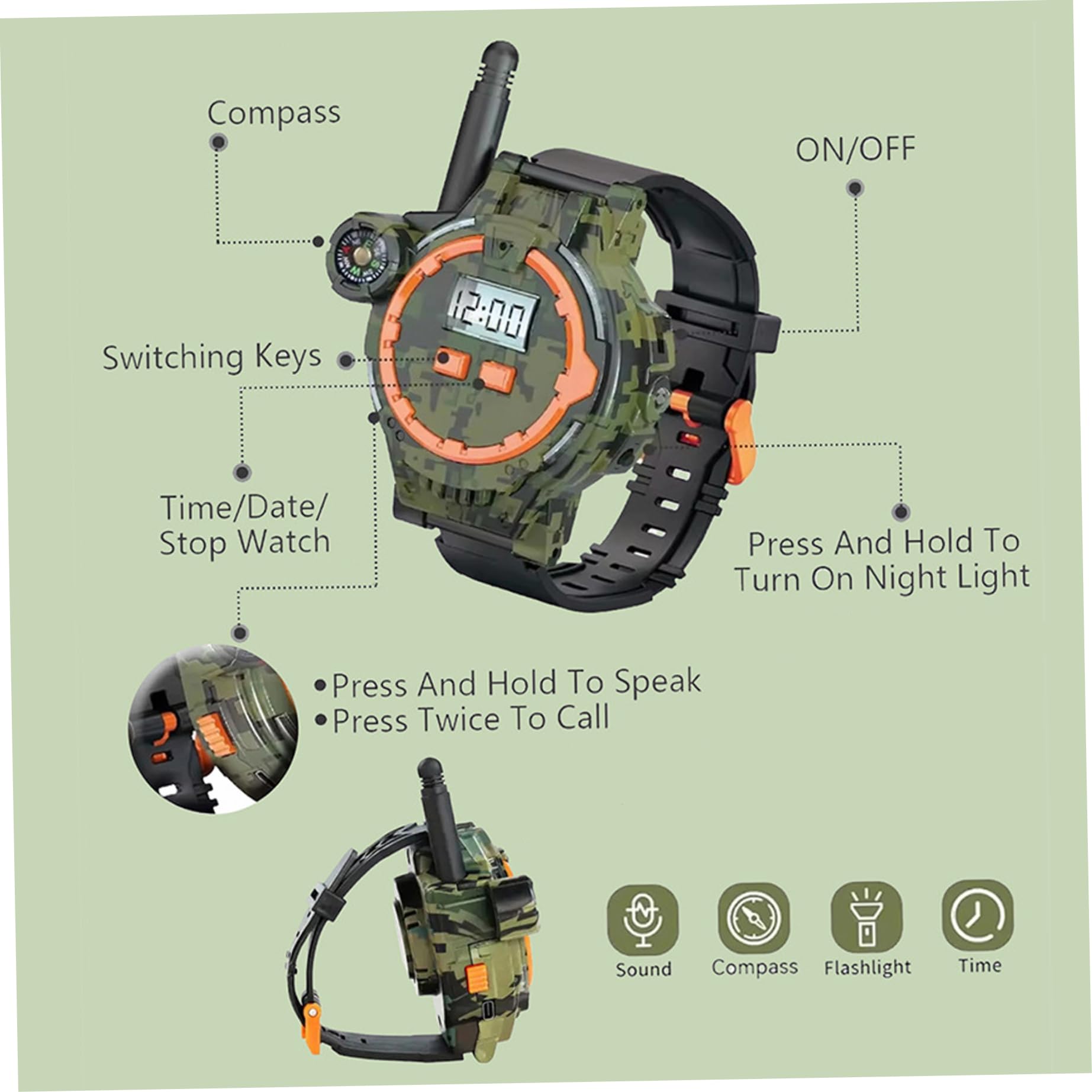 1 paire de talkies-walkies rechargeables USB pour enfants, montre talkie-walkie bidirectionnelle longue portée avec boussole, lampe de poche et heure et date réglables, équipement camping portable