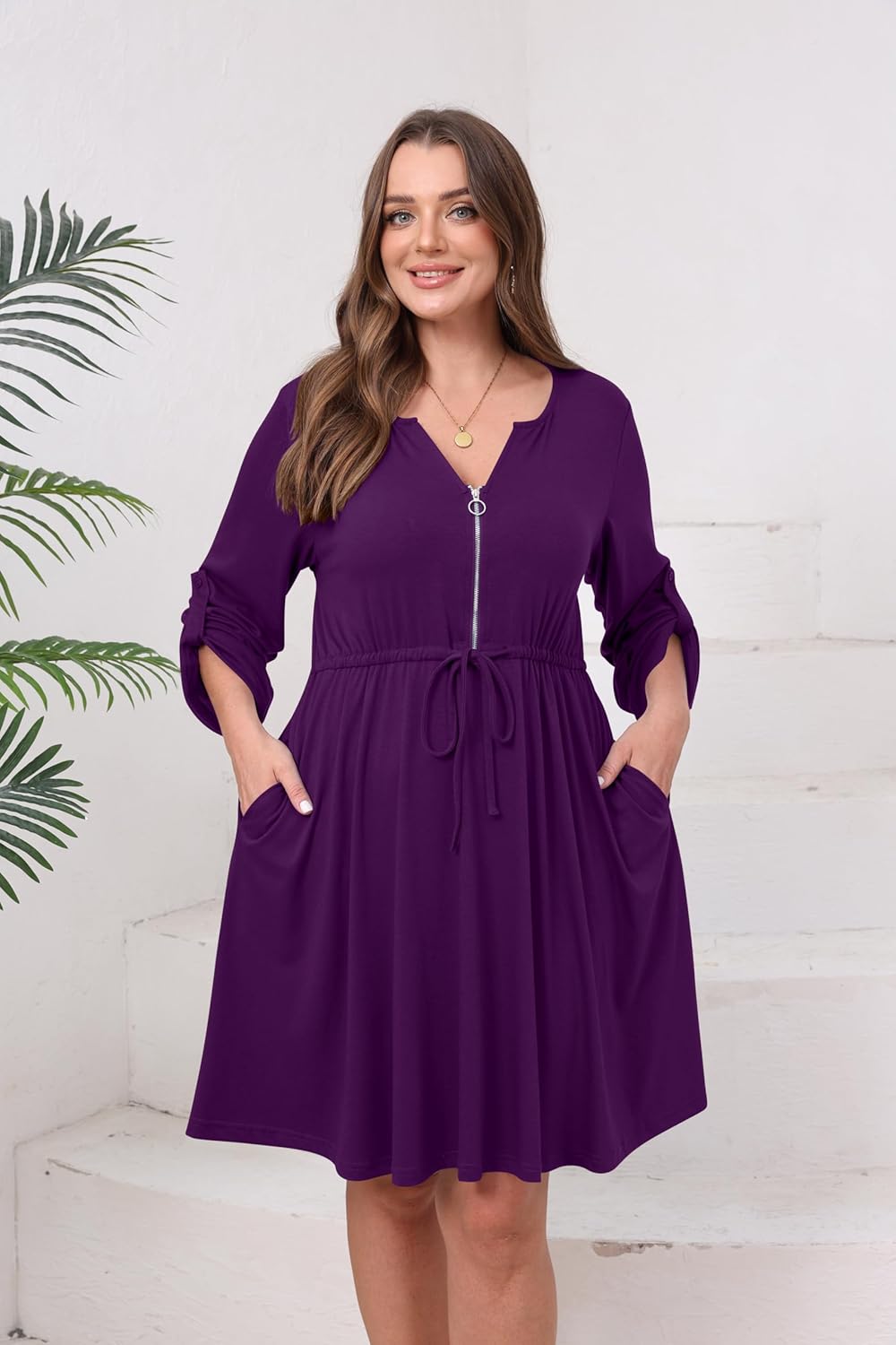 Womens Plus Size Dress Casual Roll up 3/4 Sleeves Zipper V Neck Tie Waist Flowy Loose Dresses with 2 Pockets - Image 8