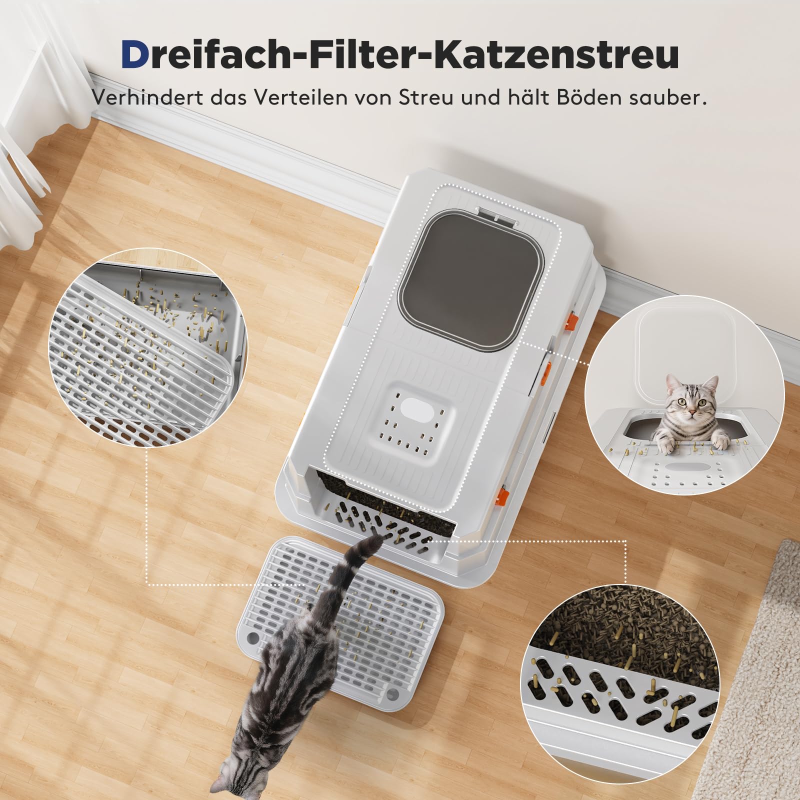 MIXJOY Edelstahl Katzenklo XXL mit Deckel, Katzentoilette Edelstahl Zwei-Tür-Konfiguration, Geschlossenes Katzenklo mit Schaufel, Leicht zu Reinigen, Geeignet für große/mehrere Katzen, 59x38x39cm