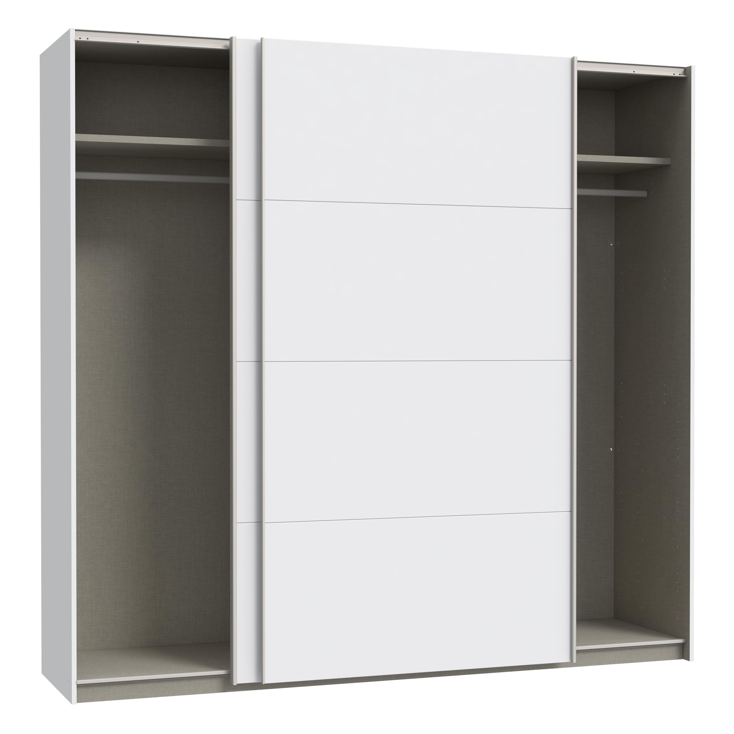 Forte Schach & MATT 2 weißer Kleiderschrank 220, moderner Schwebetürenschrank mit Einlegeböden und Kleiderstange, 2-türig, Holzwerkstoff, Weiß Matt, 220,1 cm breit x 210,5 cm hoch x 61,2 cm tief
