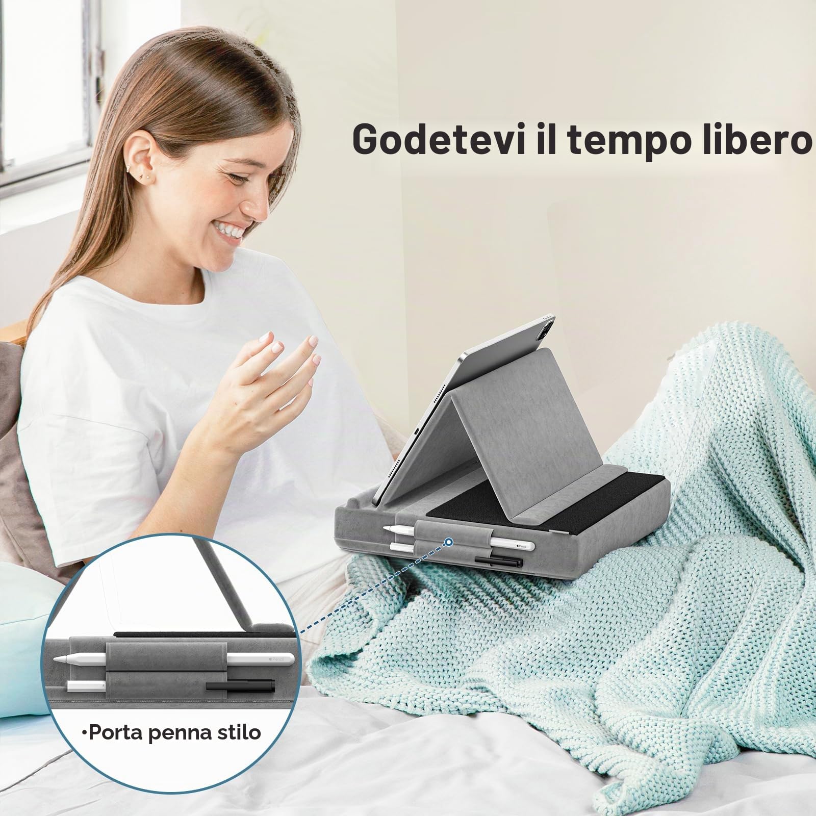 KDD Cuscino Supporto Multiangolare per iPad Tablet con Porta Stilo, Compatibile con iPad Pro 12.9 Mini Telefoni Libri Grigio