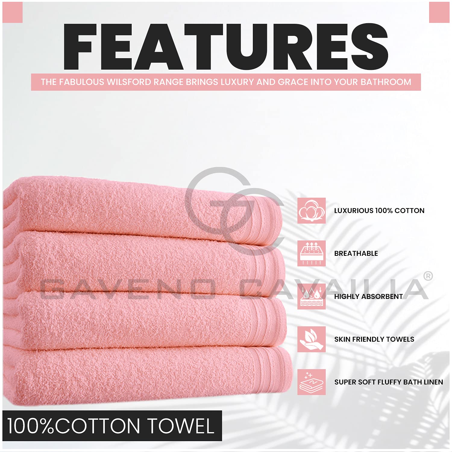 GC GAVENO CAVAILIA Lot de 4 Grandes Serviettes de Bain en Coton égyptien très absorbantes - Rose pâle - Séchage Rapide - 450 g/m² - Lavables - 75 x 135 cm