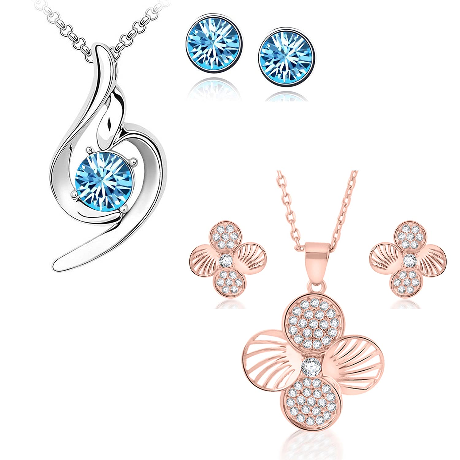 Okos Rhodium And Rose Gold Plated Floral Design Alloy Pendant Set With Earrings Studded With Multi Colour (Blue;White) Crystal Stones For Girls And Women CO1000388 (B09491YS5G) Amazon Price History, Amazon Price Tracker