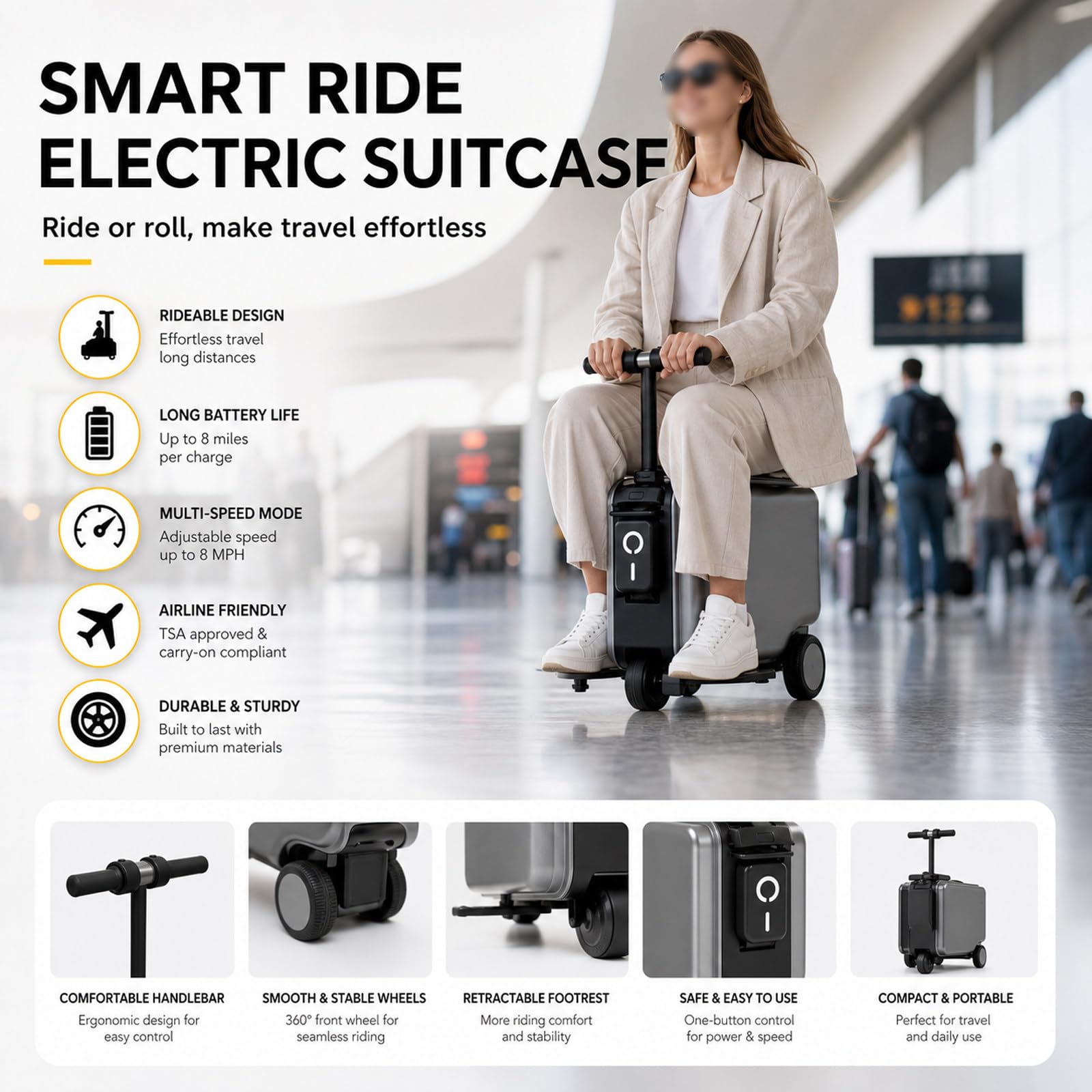 Valise Intelligente Électrique, Bagage-Trottinette électrique pour Adultes, Roues silencieuses avec amortisseurs, Bagage-Trottinette électrique pour déplacements en aéroport Silver