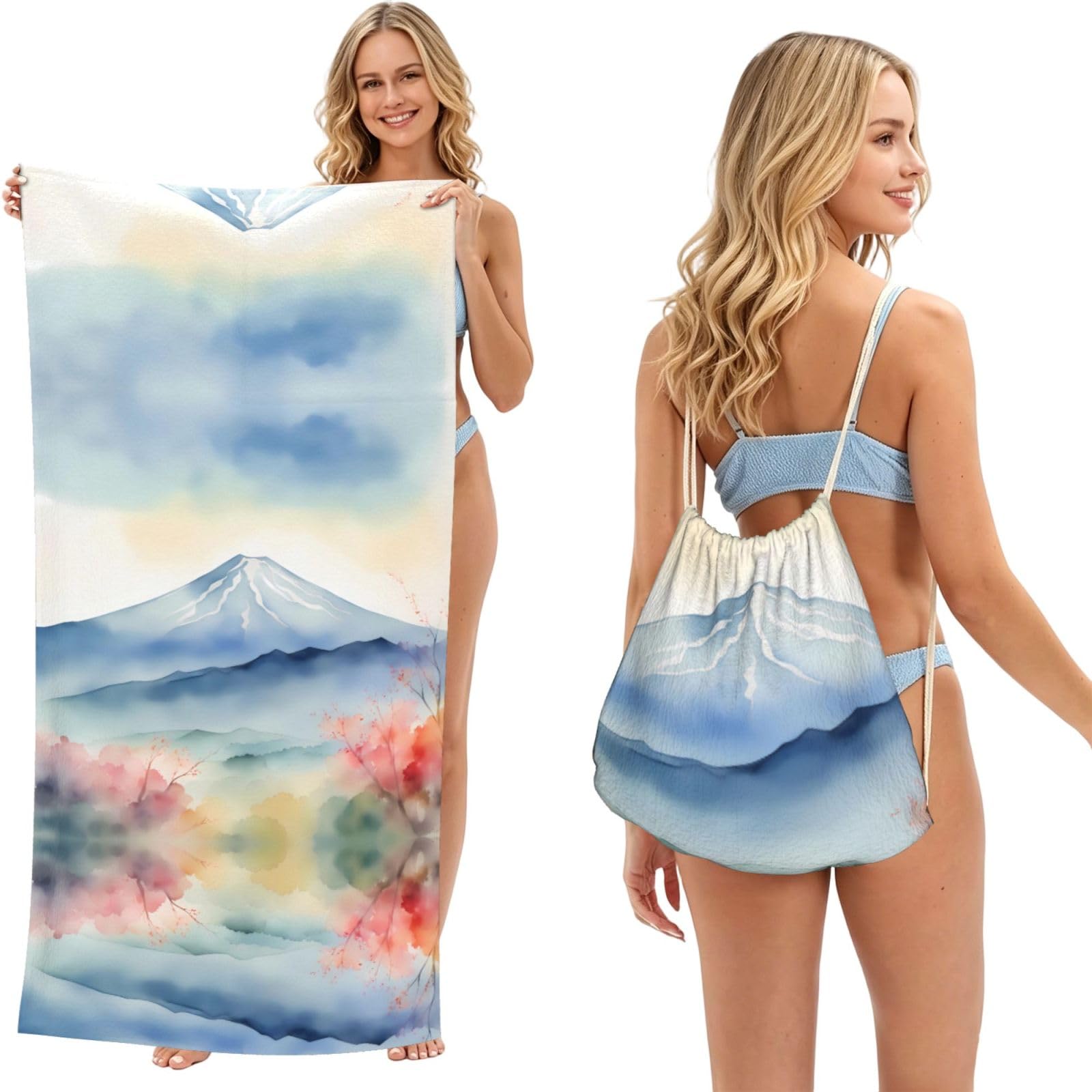 Beautiful Mt. Fuji print 2-in-1 Beach Towel Bag, Quick Dry Sand Free Travel Towel Backpack for Adults