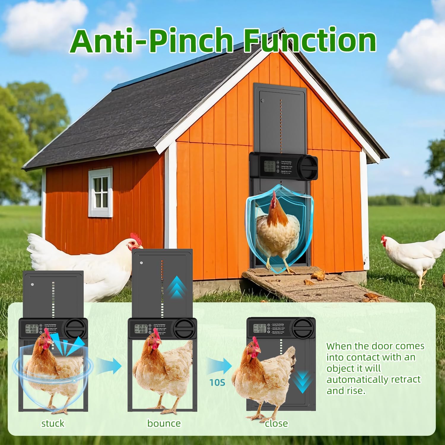 Automatic Chicken Coop Door, Battery Powered Electric Chicken Coop Door with Smart Timer, Anti-Pinch Sensor, LCD Display& Low Battery Reminder for Hens, Ducks, Geese Poultry