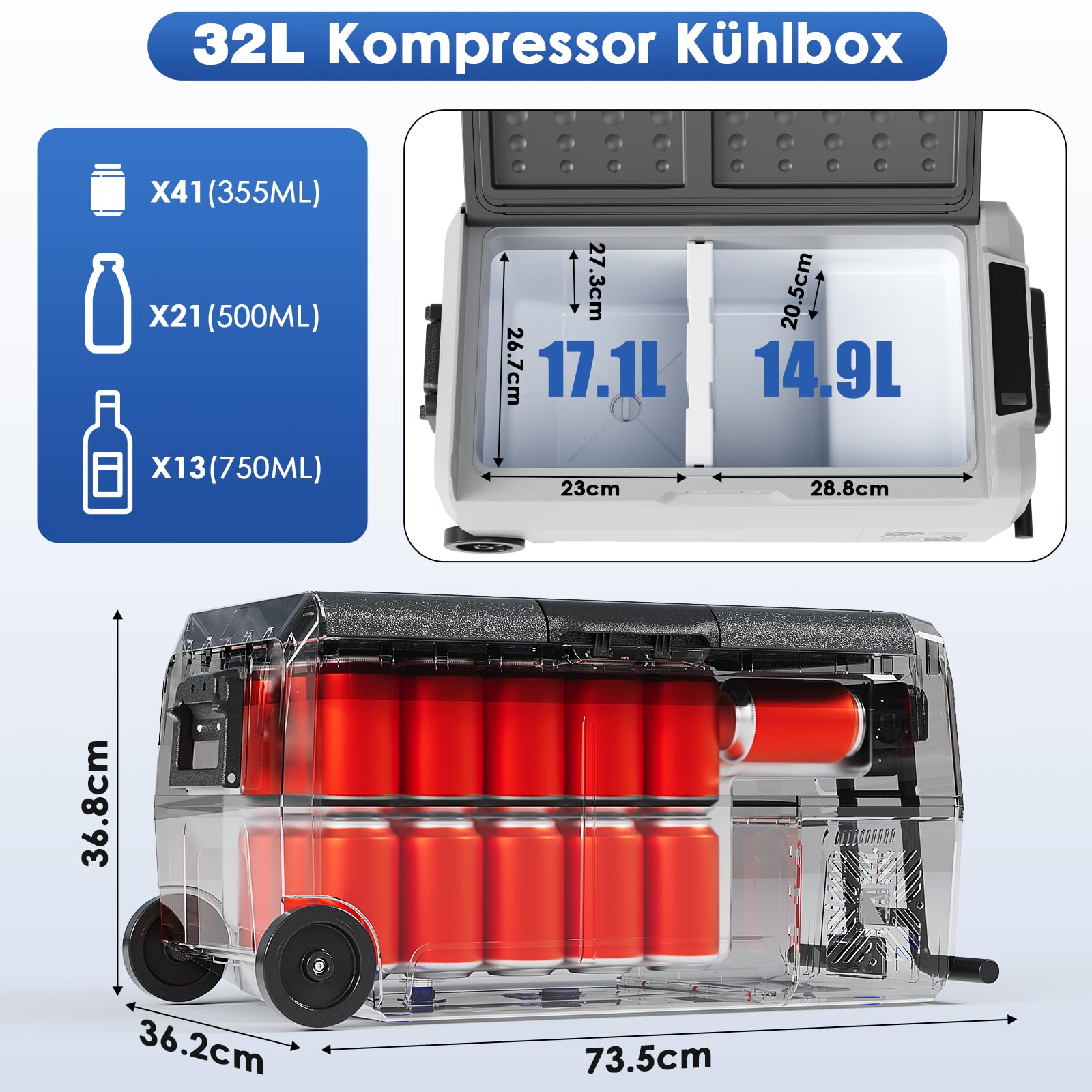 LIFERUN Kompressor Kühlbox, 32 Liter Kompressor Gefrierbox mit LED-Licht, 2PCS Räder, MAX/ECO Modus, bis -20℃, Kühlbox Auto DC 12/24V, Kühltasche Elektrisch AC 100-240V, Mobil Kühlschrank für Camping