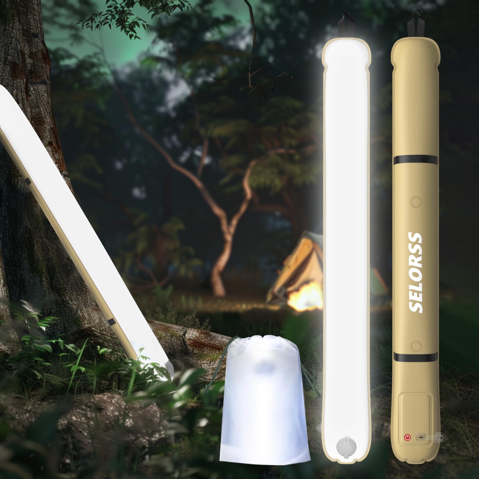 SELORSS Portable Camping Light bar, Inflatable Waterproof LED Light Tube , Suitable for Camping, Hiking, Traveling and so on(Khaki).