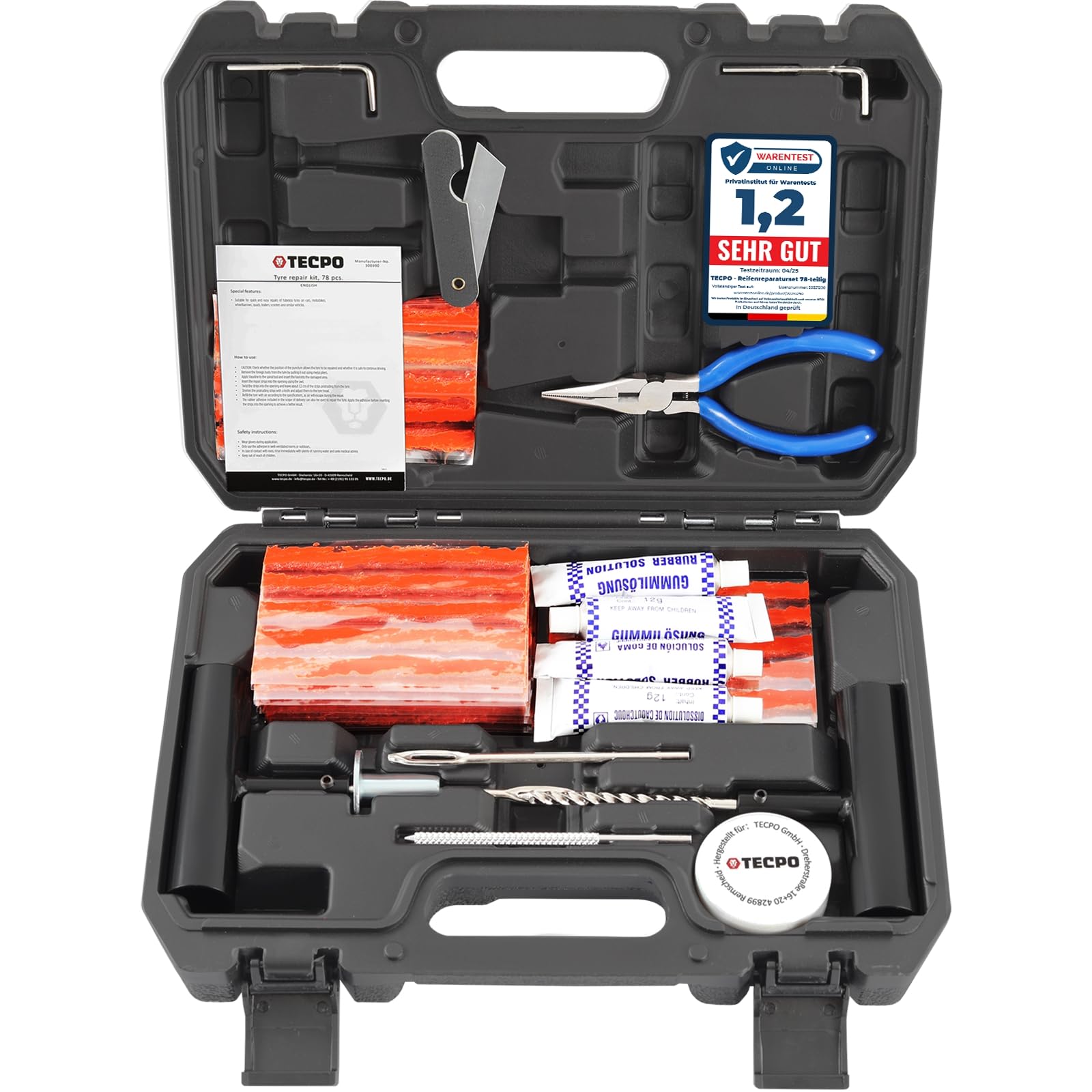 TECPO Reifenreparaturset Set 78-tlg. Auto Motorrad LKW PKW Vulkanisier Flickzeug Panne Notfall Reifendichtmittel mit T-Griff